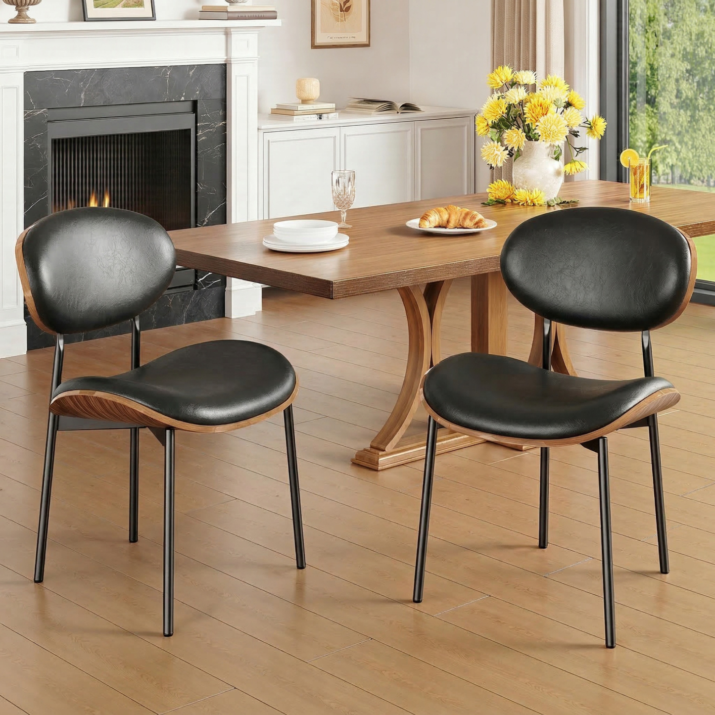 Sailvan Dining Chairs Set, Mid-Century Style Living Room Chairs, Modern Chairs for Dining Room & Kitchen, Leather Upholstered Chairs With Adjustable Feetpads, Easy Assembly, Black
