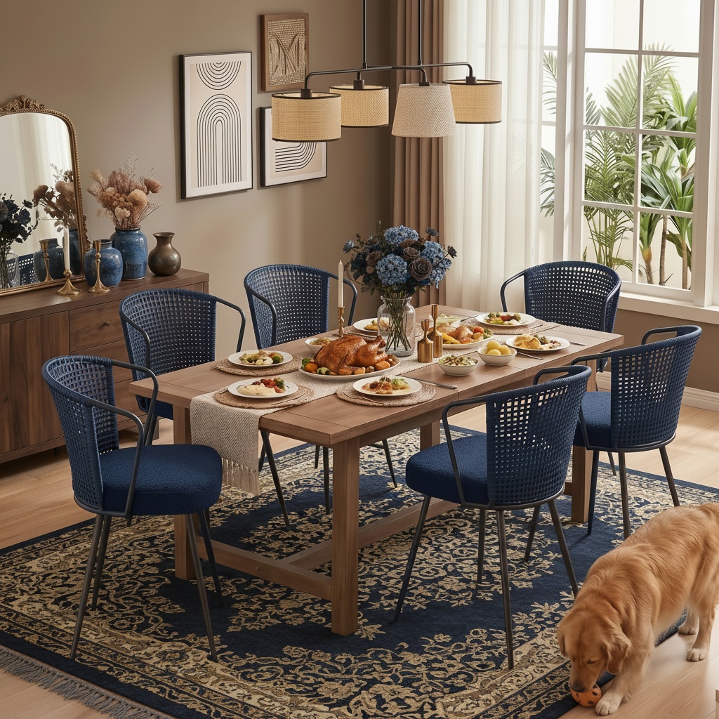 Sailvan Set of 2/4/6 Dining Chairs, Upholstered Rattan Kitchen & Dining Room Chairs with Rattan Backrest & Boucle Cushion, Farmhouse Dining Room Chair with Metal Leg
