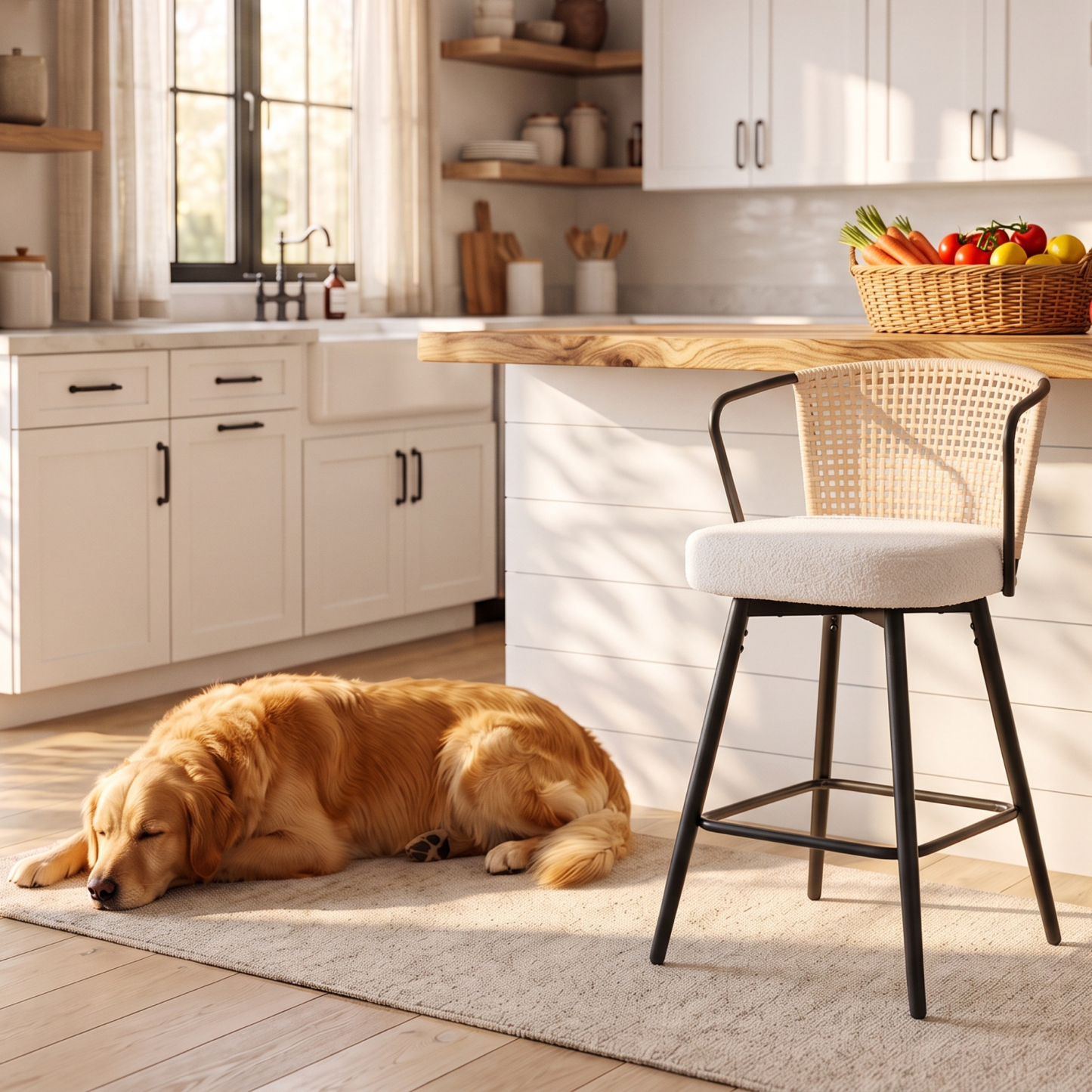Sailvan Swivel Bar Stool Set, 35.8" Rattan Counter Height Bar Chairs with Back & Footrest, Modern Upholstered Counter Stools for Kitchen Island, Easy Assembly, Beige