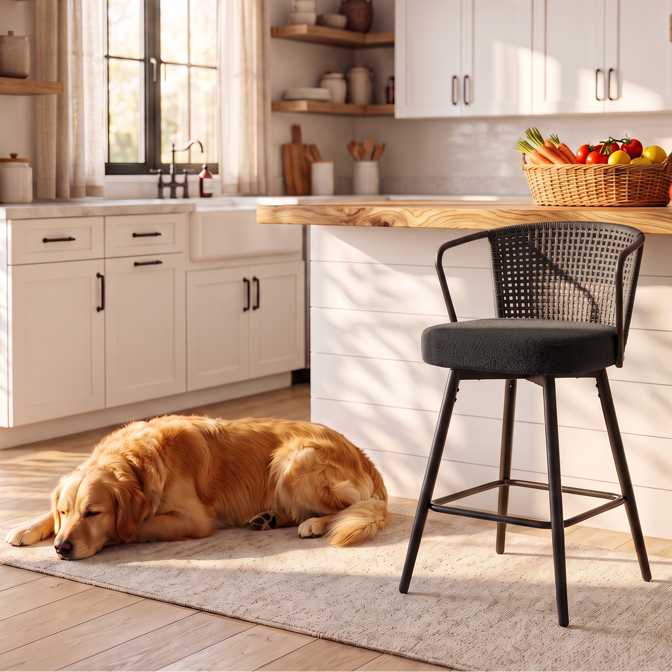 Sailvan Swivel Bar Stool Set, 35.8" Rattan Counter Height Bar Chairs with Back & Footrest, Modern Upholstered Counter Stools for Kitchen Island, Easy Assembly, Black