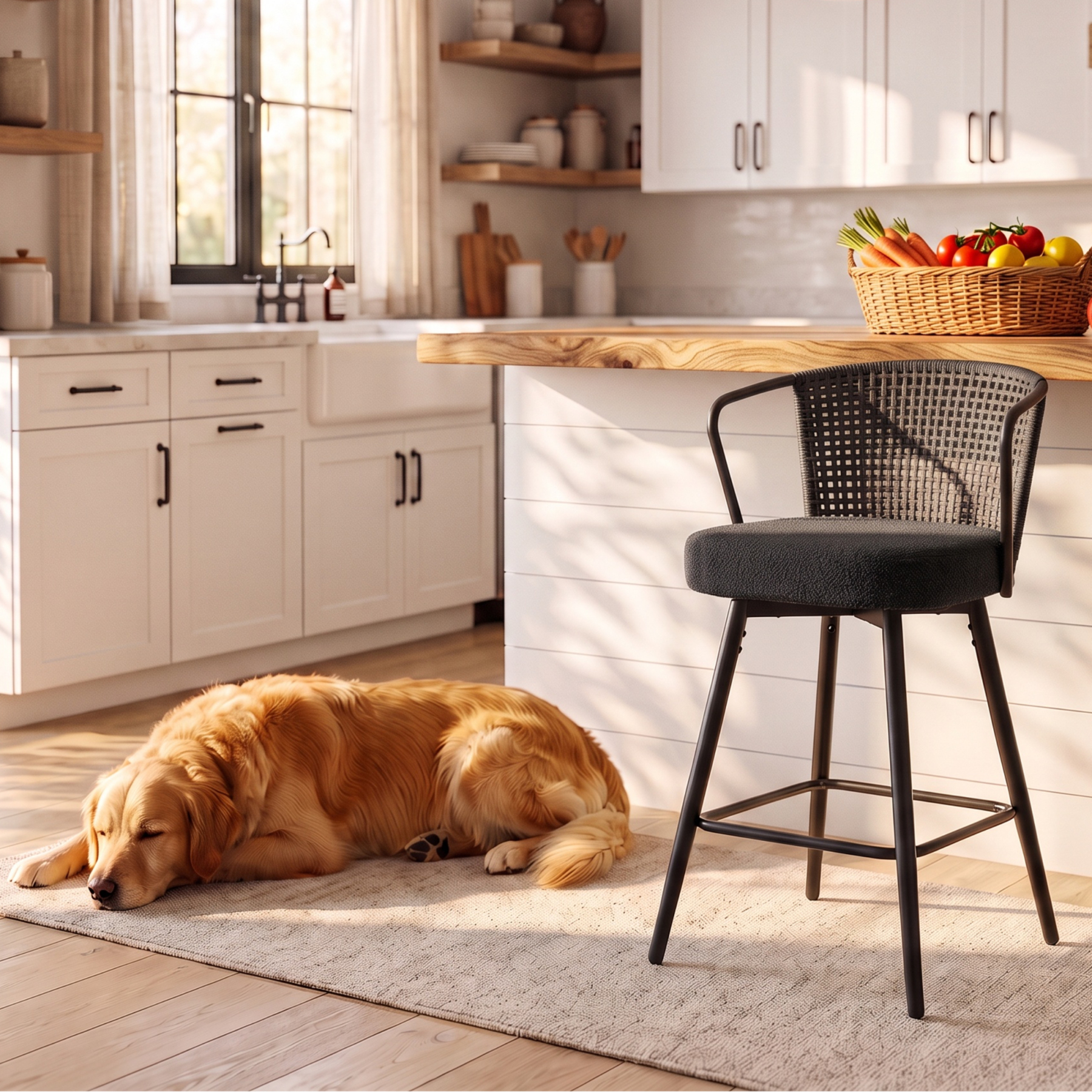 Sailvan Swivel Bar Stool Set, 35.8" Rattan Counter Height Bar Chairs with Back & Footrest, Modern Upholstered Counter Stools for Kitchen Island, Easy Assembly, Black
