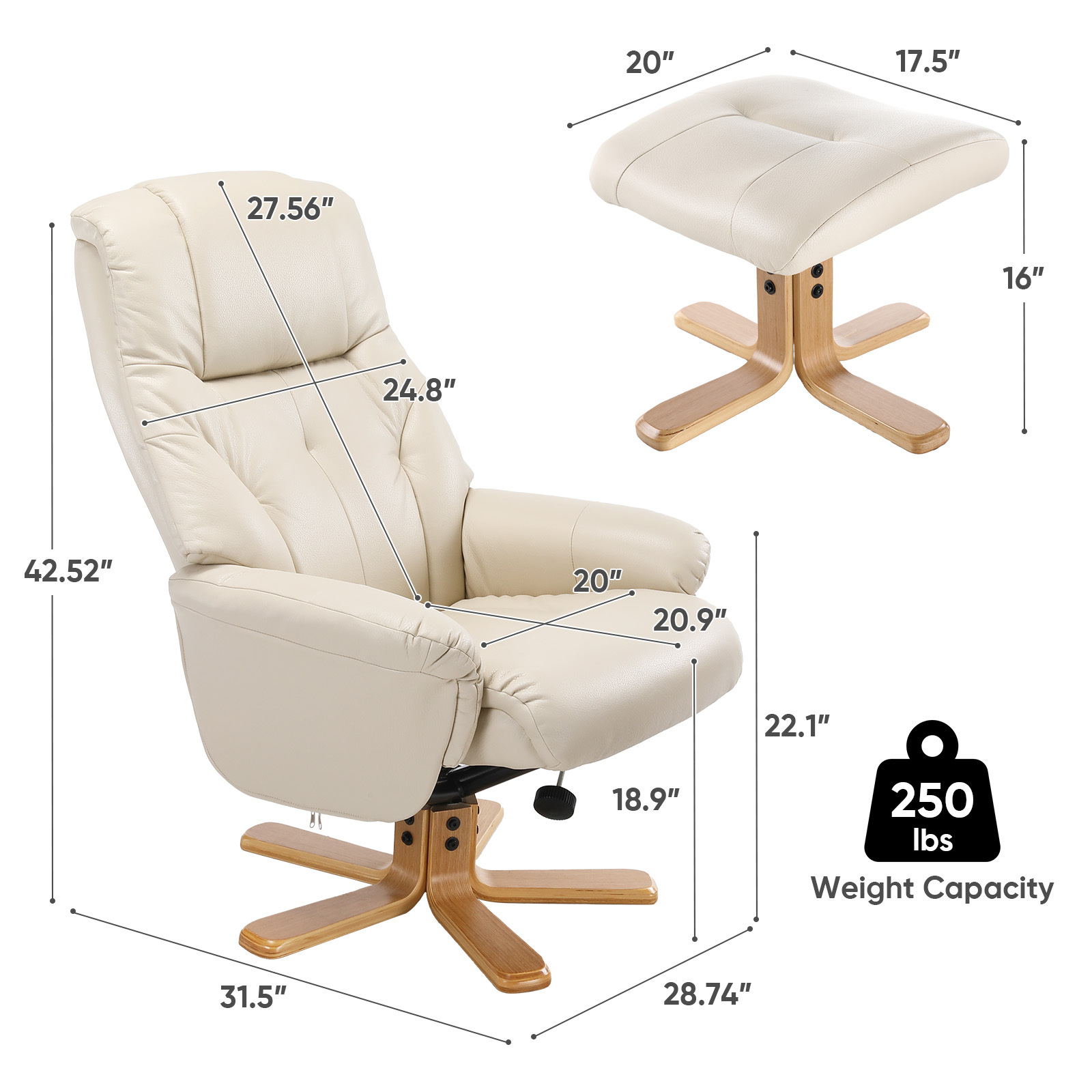 Susalt Swivel Recliner Chair with Ottoman, Stylish Faux Leather Reclining Chair for Adults, 360° Swivel, Modern Accent Arm Chairs for Living Room Bedroom and Small Space, Study, RV