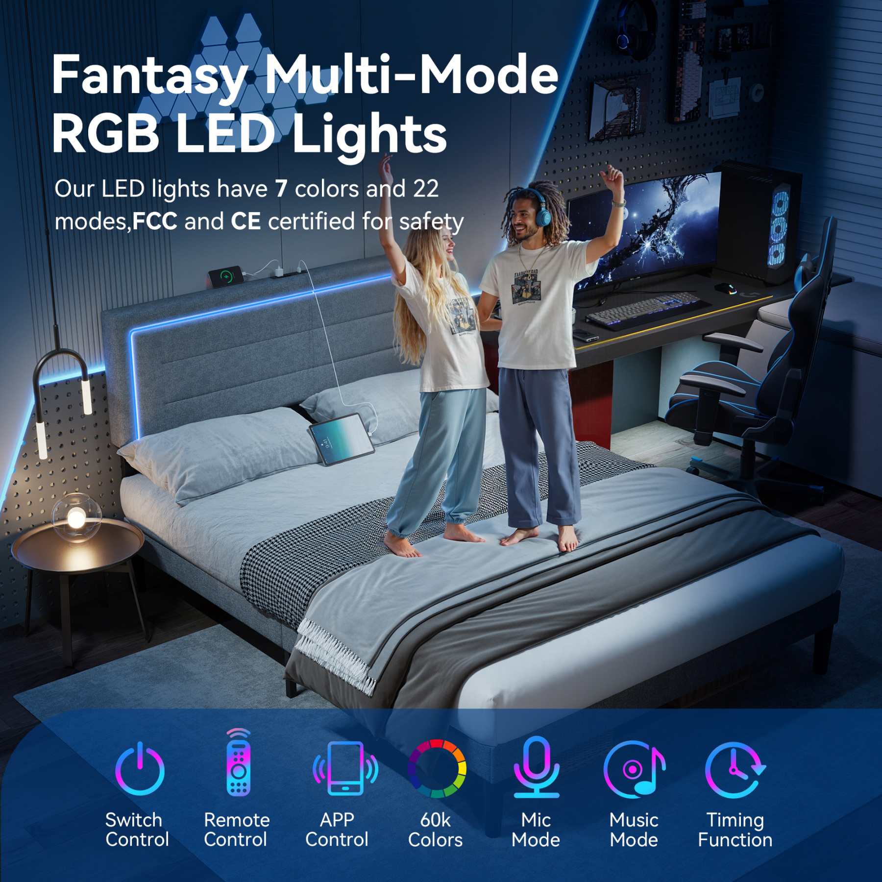 Sailvan Queen Bed Frame with LED Lights and Headboard,Upholstered Platform Bed Frame Queen Size with USB Charging Station,No Box Spring Needed,Sturdy Frame and Noise Free,Grey