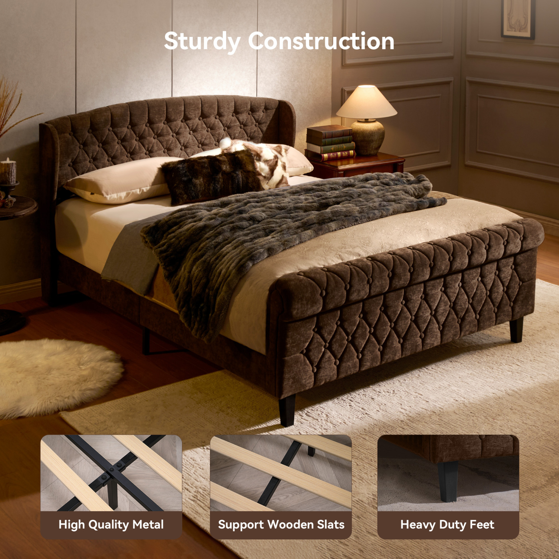 Susalt Queen Size Platform Bed Frame, Chenille Upholstered Sleigh Bed Frame with Scroll Footboard, Button Tufted/Wood Slats Support/No Box Spring Needed