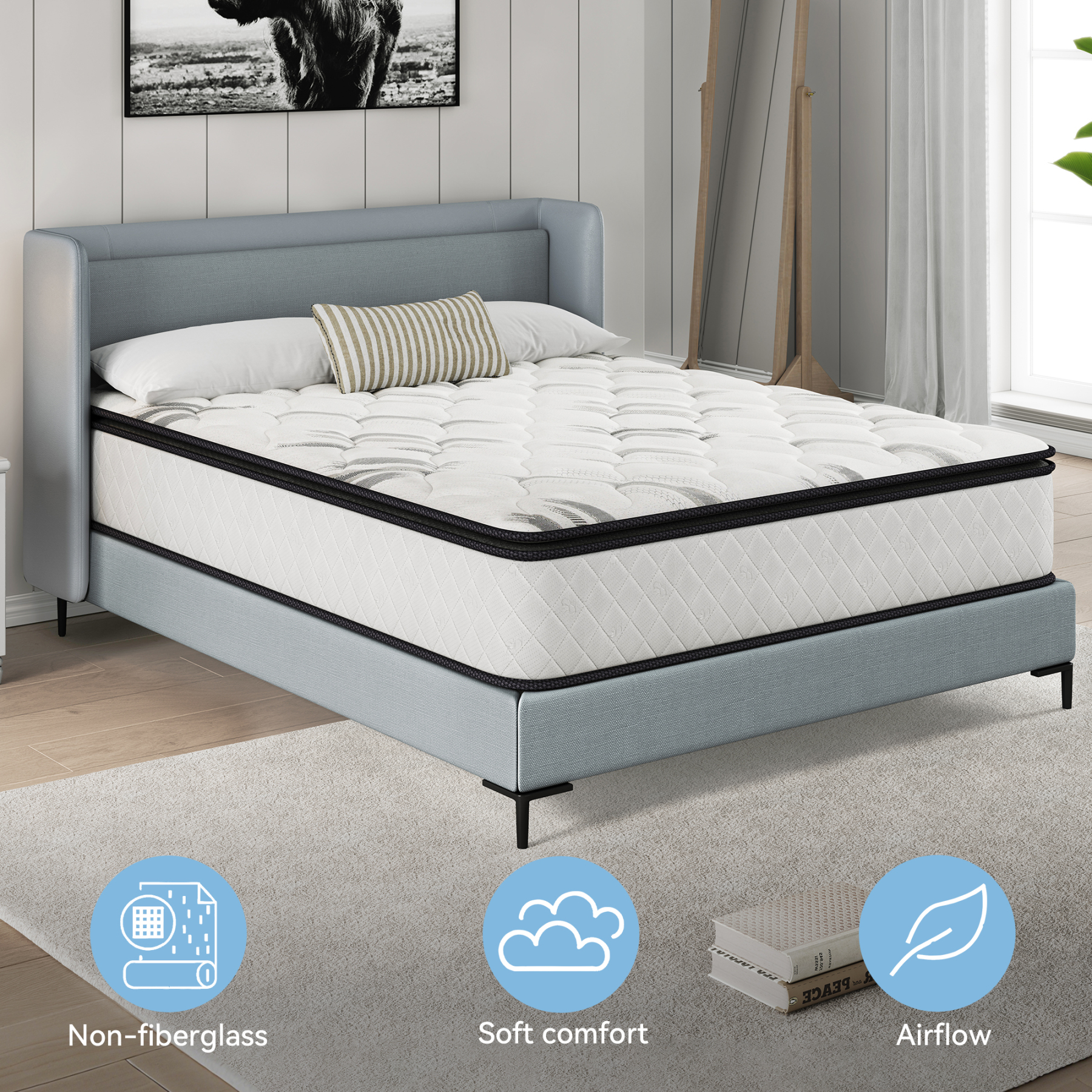 Sailvan Queen Mattress 14 inch, Queen Size Mattress in a Box, Hybrid Mattress Queen, Queen Bed Mattress With Memory Foam & Pocket Spring, Medium Firmness, CertiPUR-US, White& Black