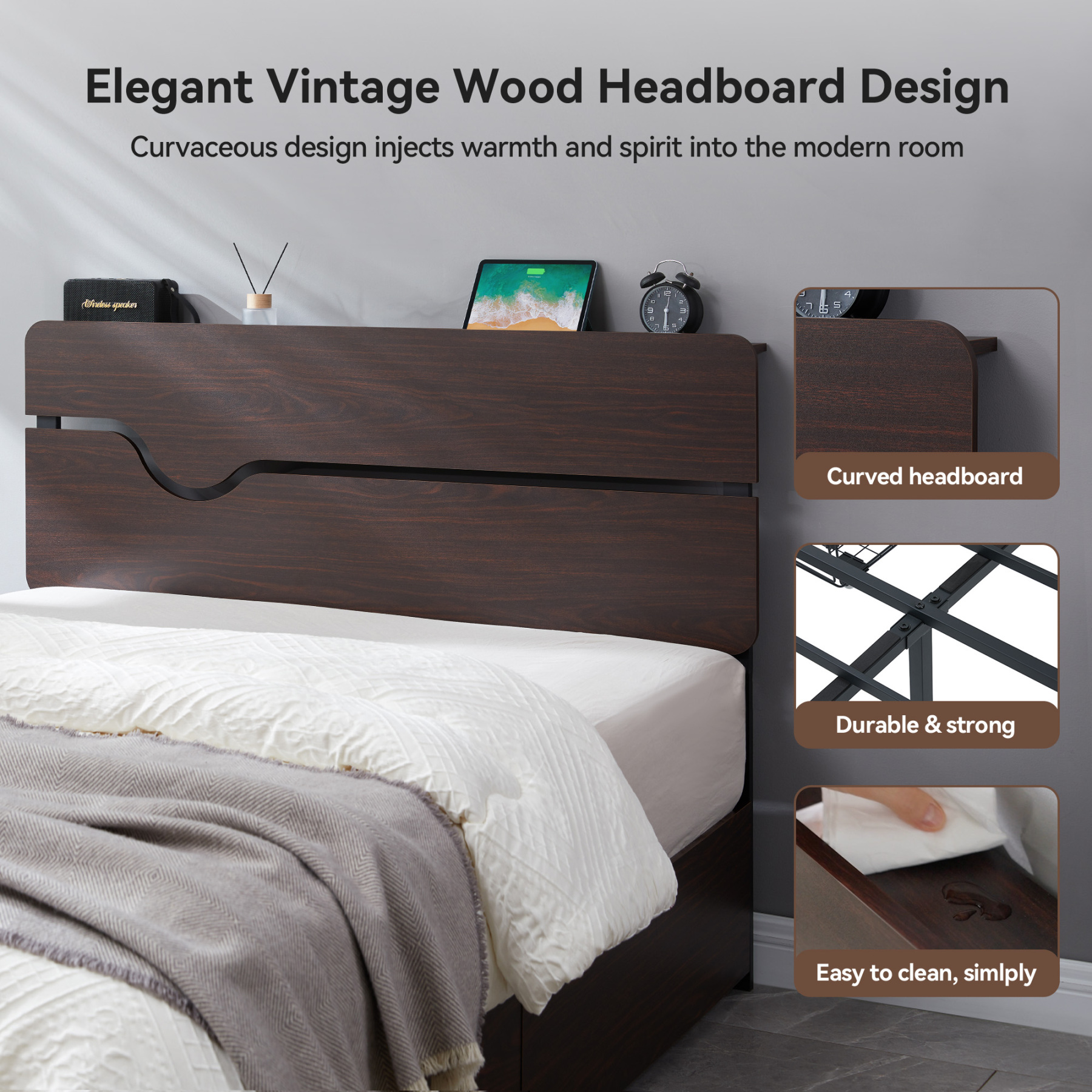 Sailvan Full Size Bed Frame with Headboard & Storage Drawers, Full Platform Bed Frame with Charging Station & Heavy Duty Metal Slats, No Box Spring Needed, Brown