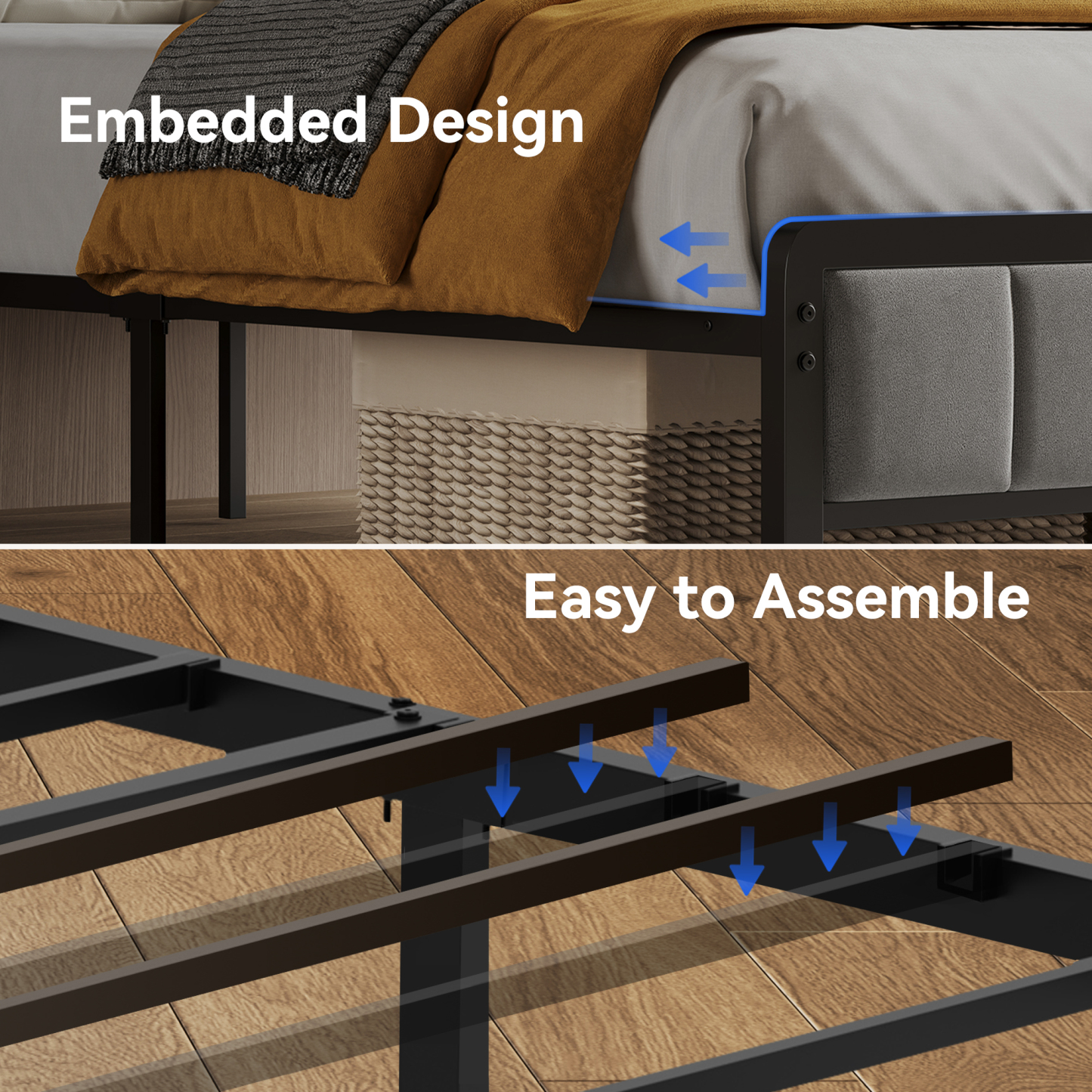 Sailvan Bed Frame with Headboard, Velvet Upholstered Platform Bed with USB Charging, LED Lights and Underbed Storage, No Box Spring Needed, Gray