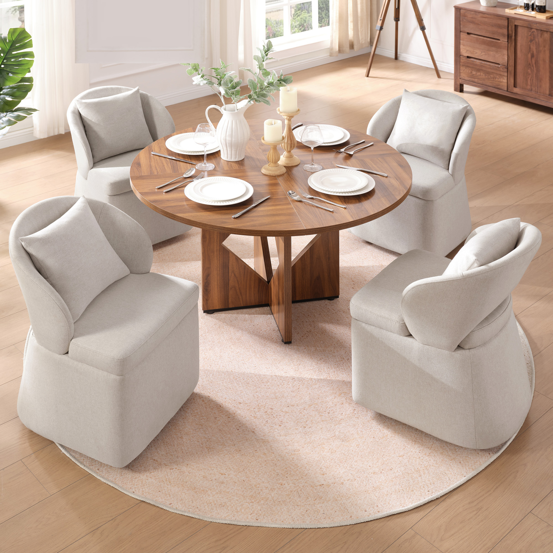 Modern Rolling Dining Chairs with Storage Space, Upholstered Dining Room Chairs with Casters, FSC Certified Armless Kitchen Chair with 4 Wheels for Dining Room and Kitchen