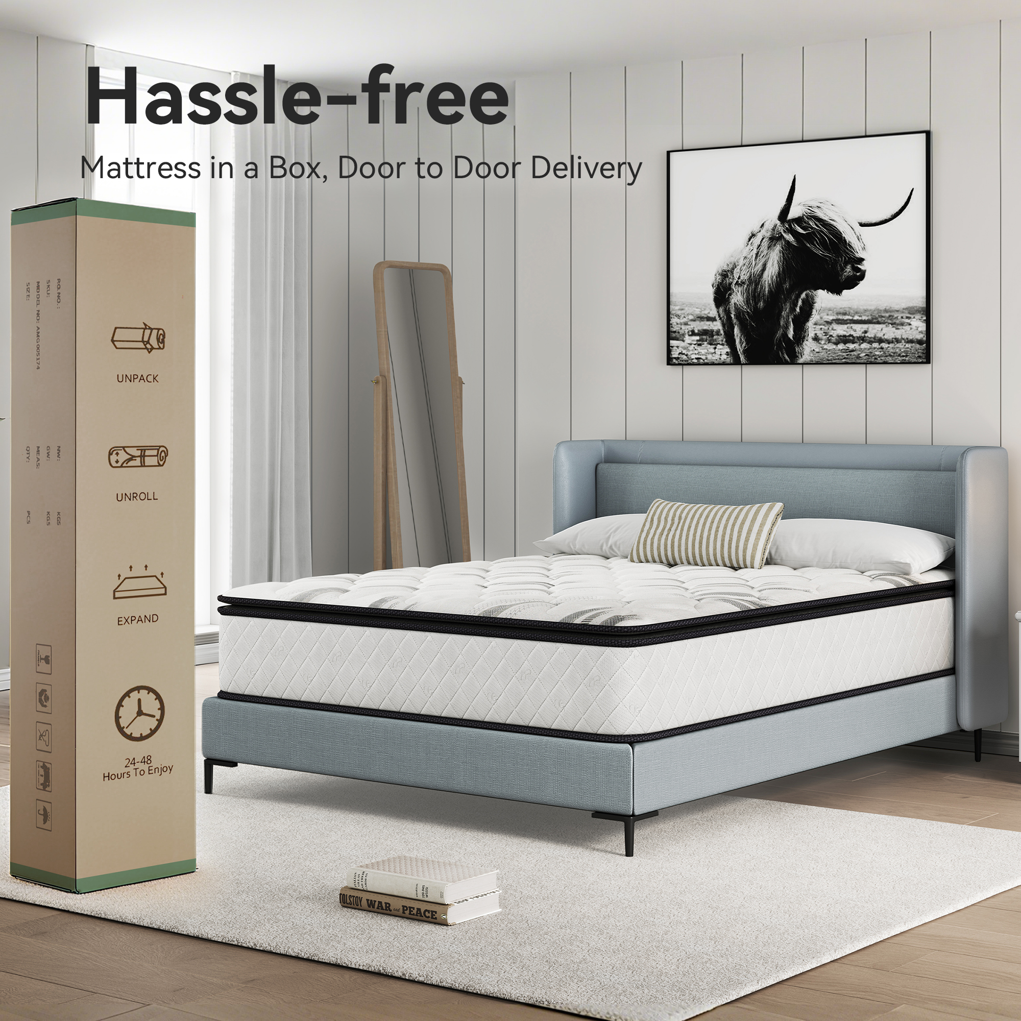 Sailvan Queen Mattress 14 inch, Queen Size Mattress in a Box, Hybrid Mattress Queen, Queen Bed Mattress With Memory Foam & Pocket Spring, Medium Firmness, CertiPUR-US, White& Black