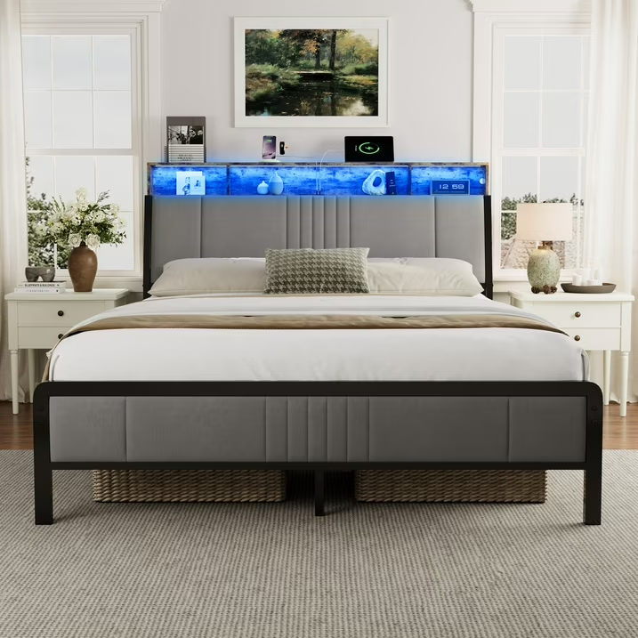 SQueen Size Bed Frame with Headboard, Velvet Upholstered Platform Bed 