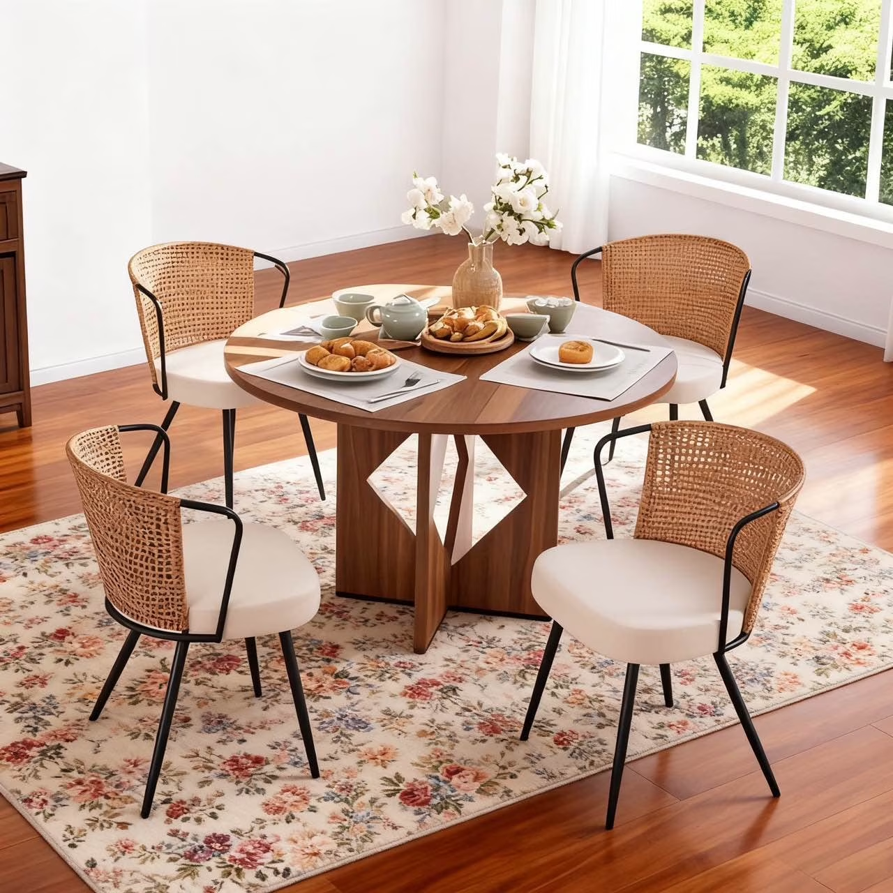 Sailvan Dining Chair Set of 4, Upholstered Kitchen & Dining Room Chairs Tufted Accent Chairs with Rattan Backrest & Lamb Fleece Fabric Cushion, Wingback Dining Room Seat