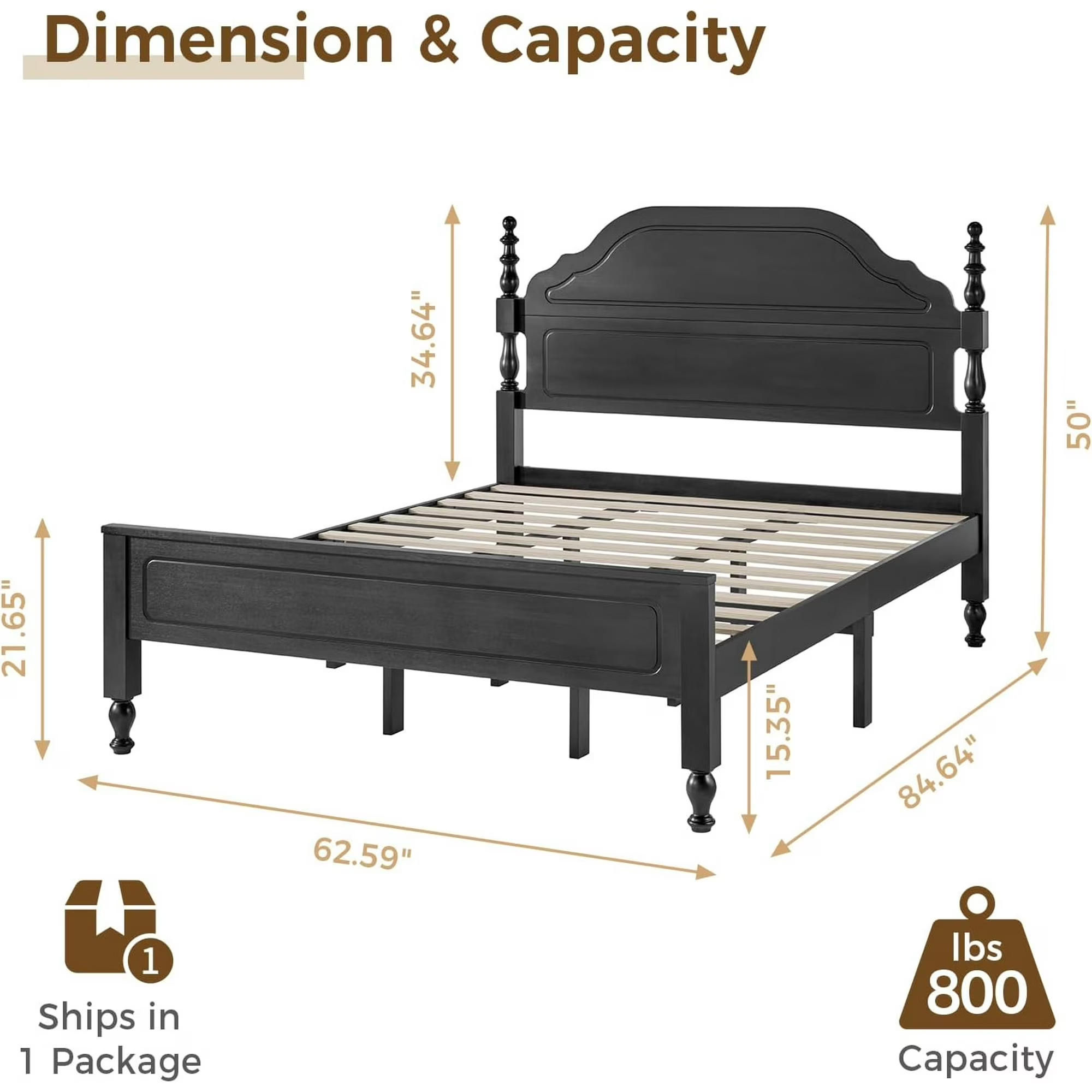 Sailvan Queen Solid Bed Frame with Headboard, Wooden Platform Bed Frame Queen Size with 12" Under Storage, No Box Spring Needed, Noise Free, 1000lbs, Black