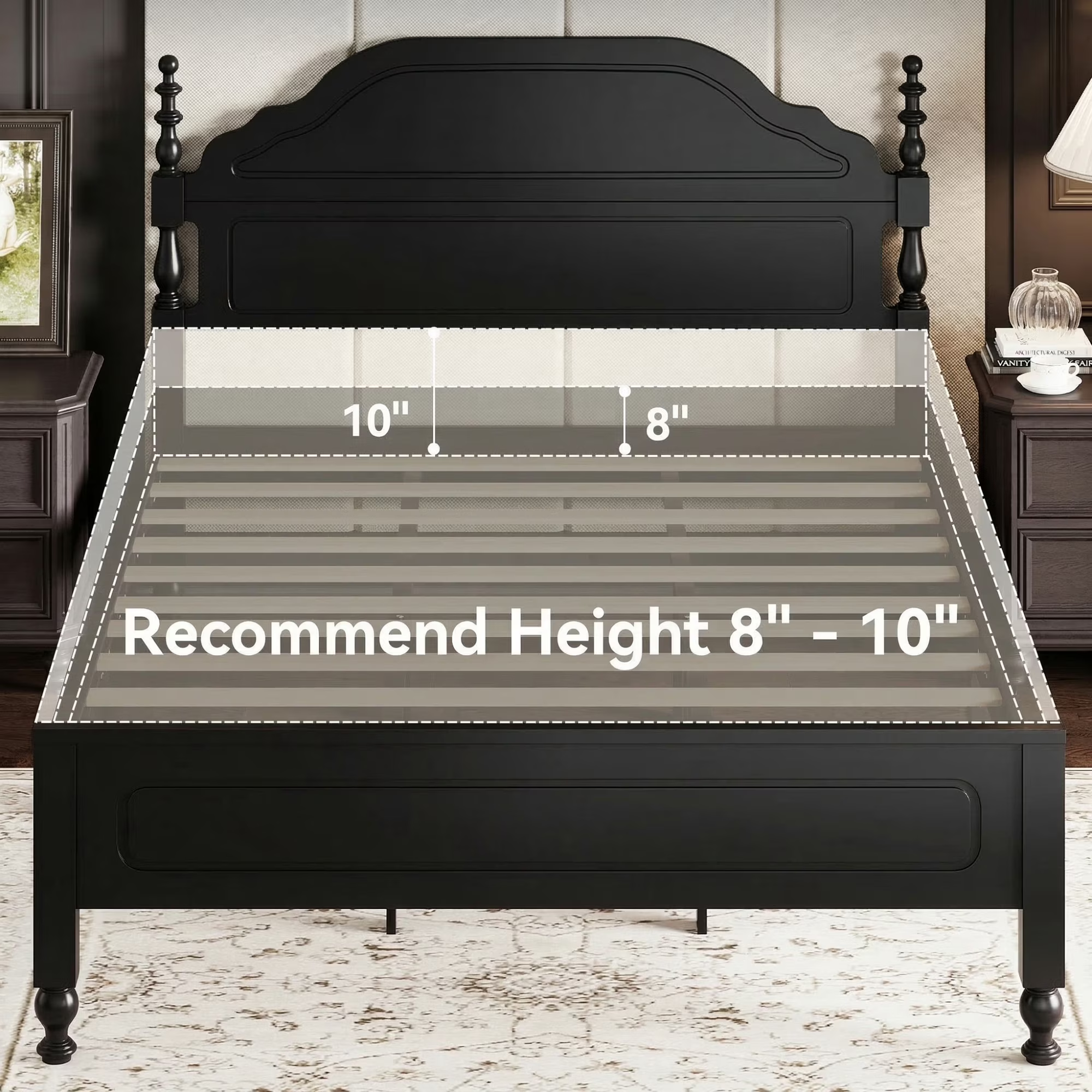 Sailvan Queen Solid Bed Frame with Headboard, Wooden Platform Bed Frame Queen Size with 12" Under Storage, No Box Spring Needed, Noise Free, 1000lbs, Black
