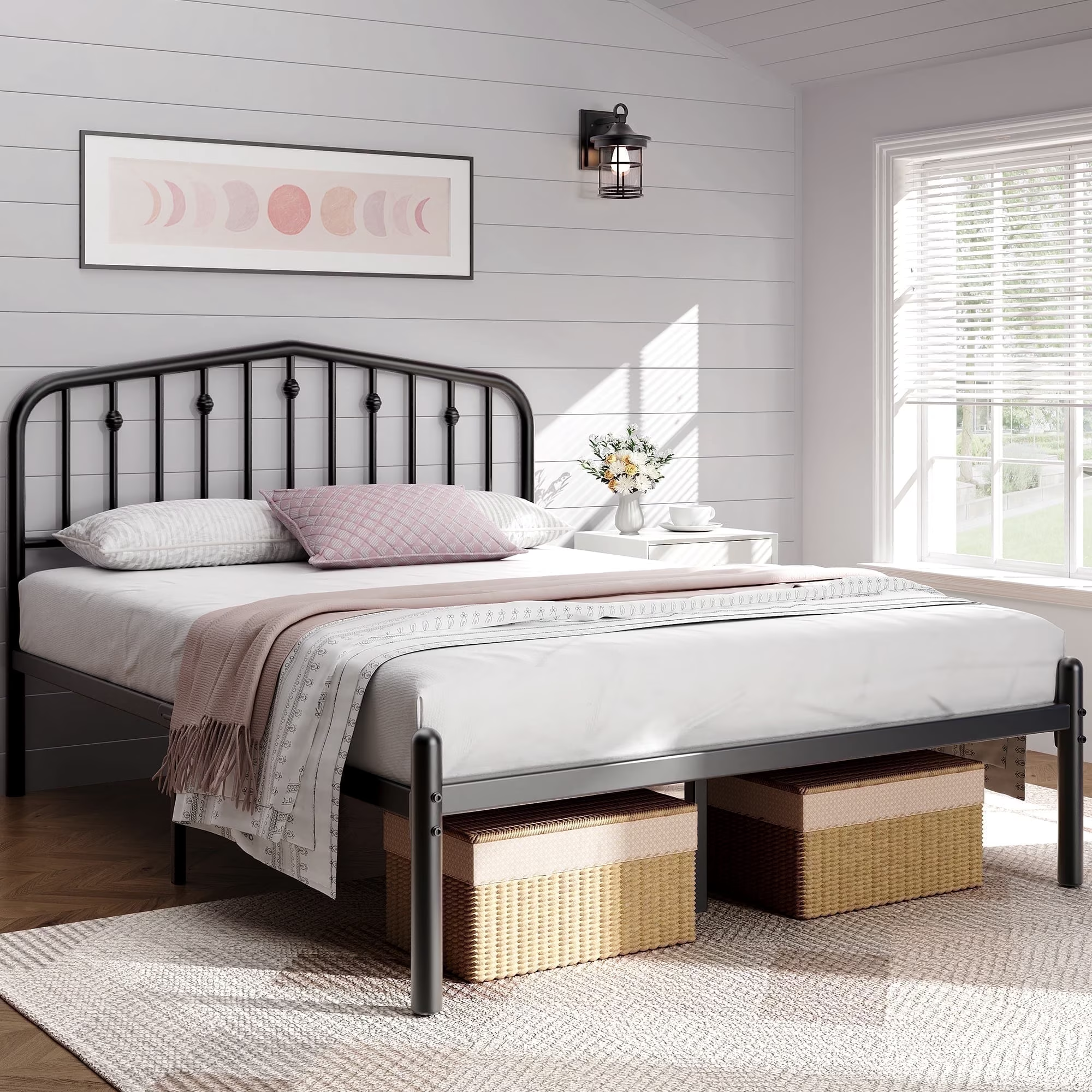 Queen Bed Frames Metal Platform Bed with Victorian Style Wrought Iron Headboard, Easy Assembly Black Bed with 1000lbs Capacity, No Box Spring Needed, Noise Free