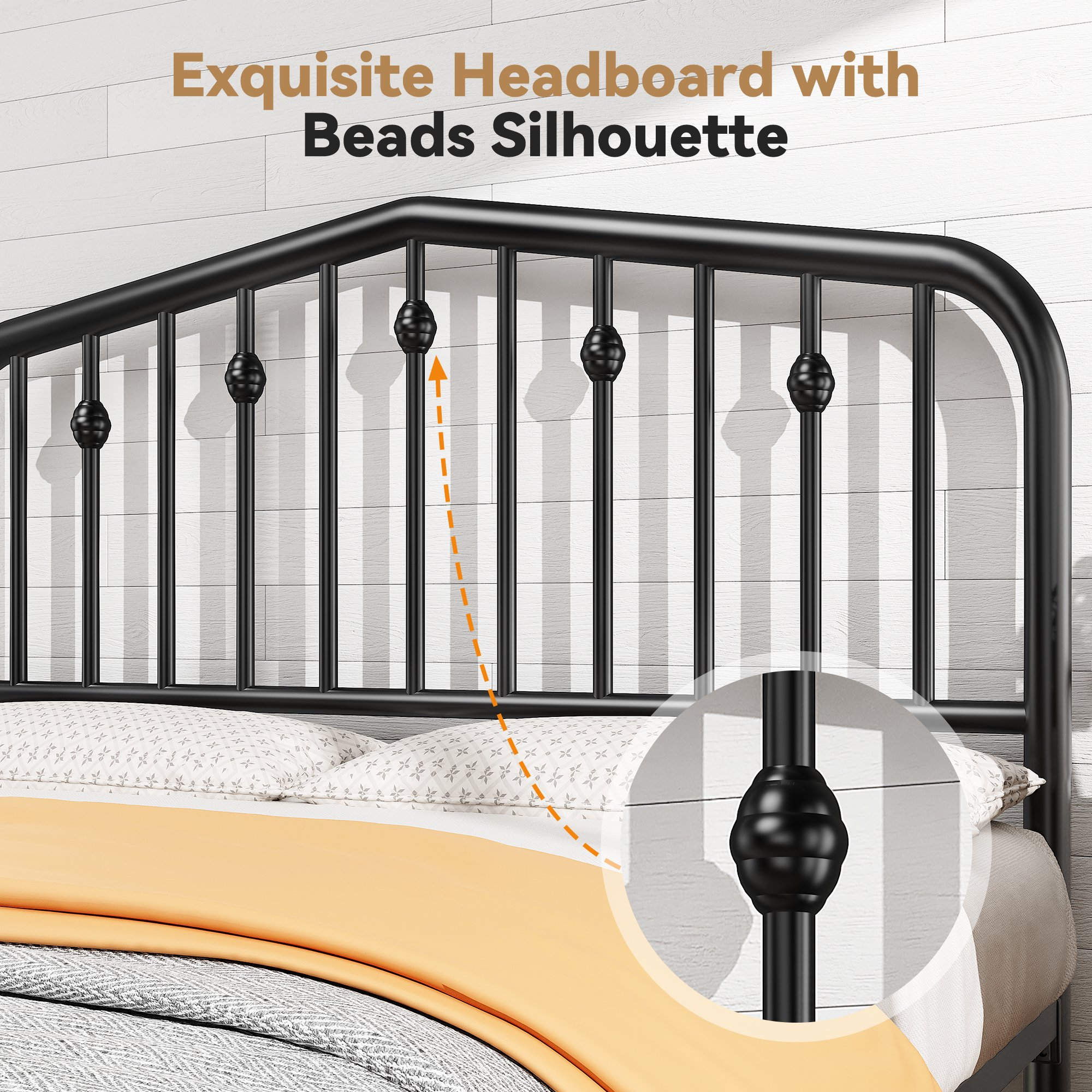 Queen Bed Frames Metal Platform Bed with Victorian Style Wrought Iron Headboard, Easy Assembly Black Bed with 1000lbs Capacity, No Box Spring Needed, Noise Free