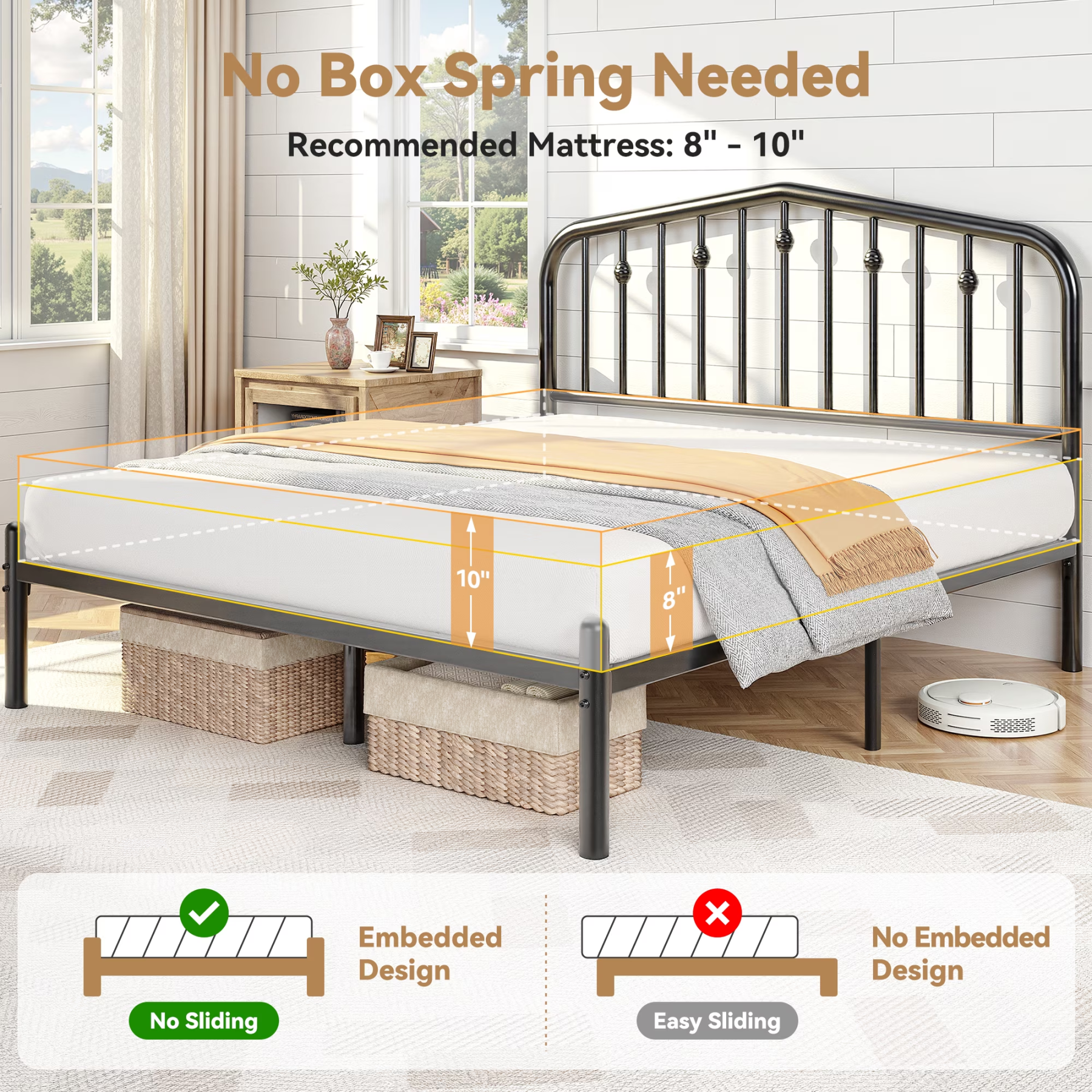 Queen Bed Frames Metal Platform Bed with Victorian Style Wrought Iron Headboard, Easy Assembly Black Bed with 1000lbs Capacity, No Box Spring Needed, Noise Free