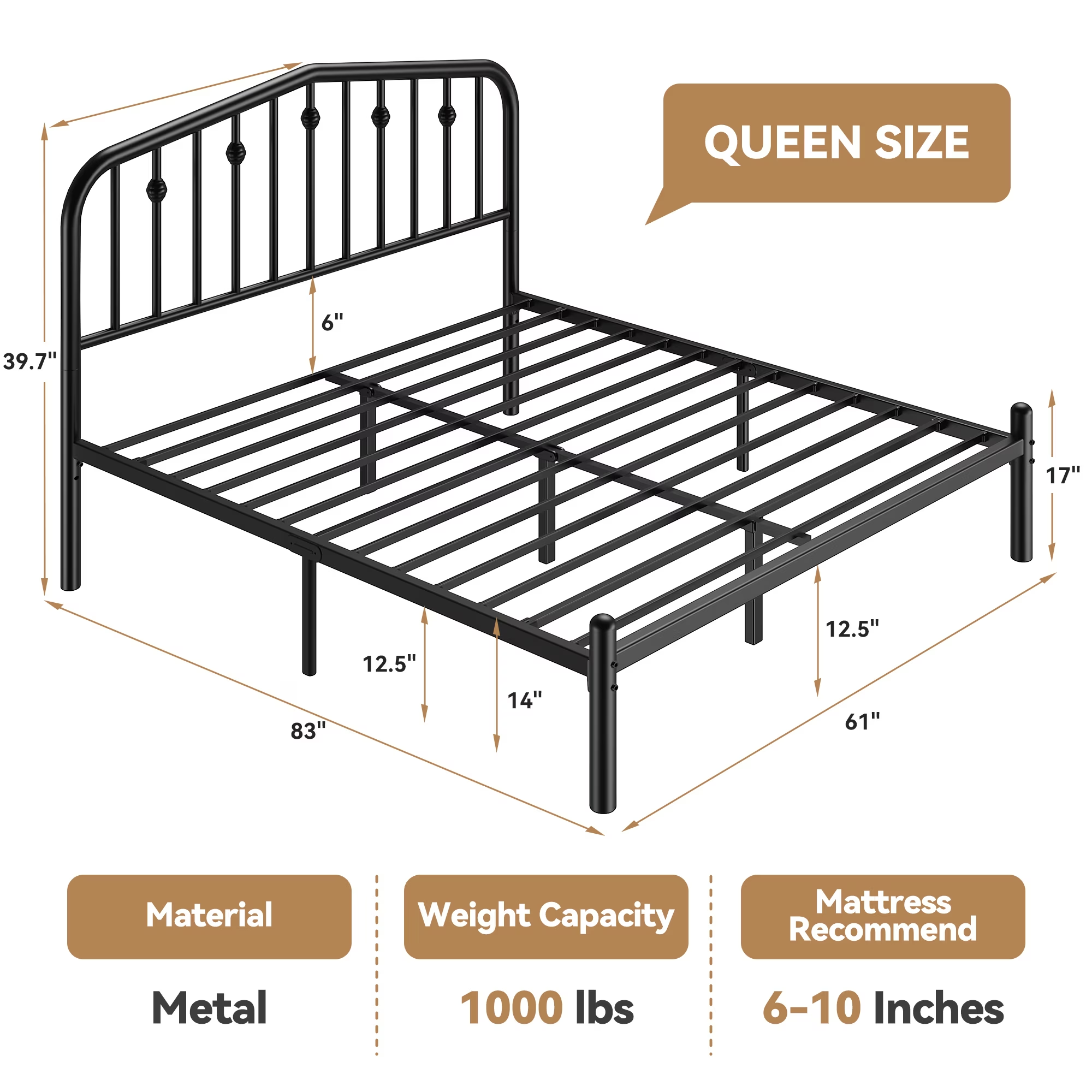 Queen Bed Frames Metal Platform Bed with Victorian Style Wrought Iron Headboard, Easy Assembly Black Bed with 1000lbs Capacity, No Box Spring Needed, Noise Free