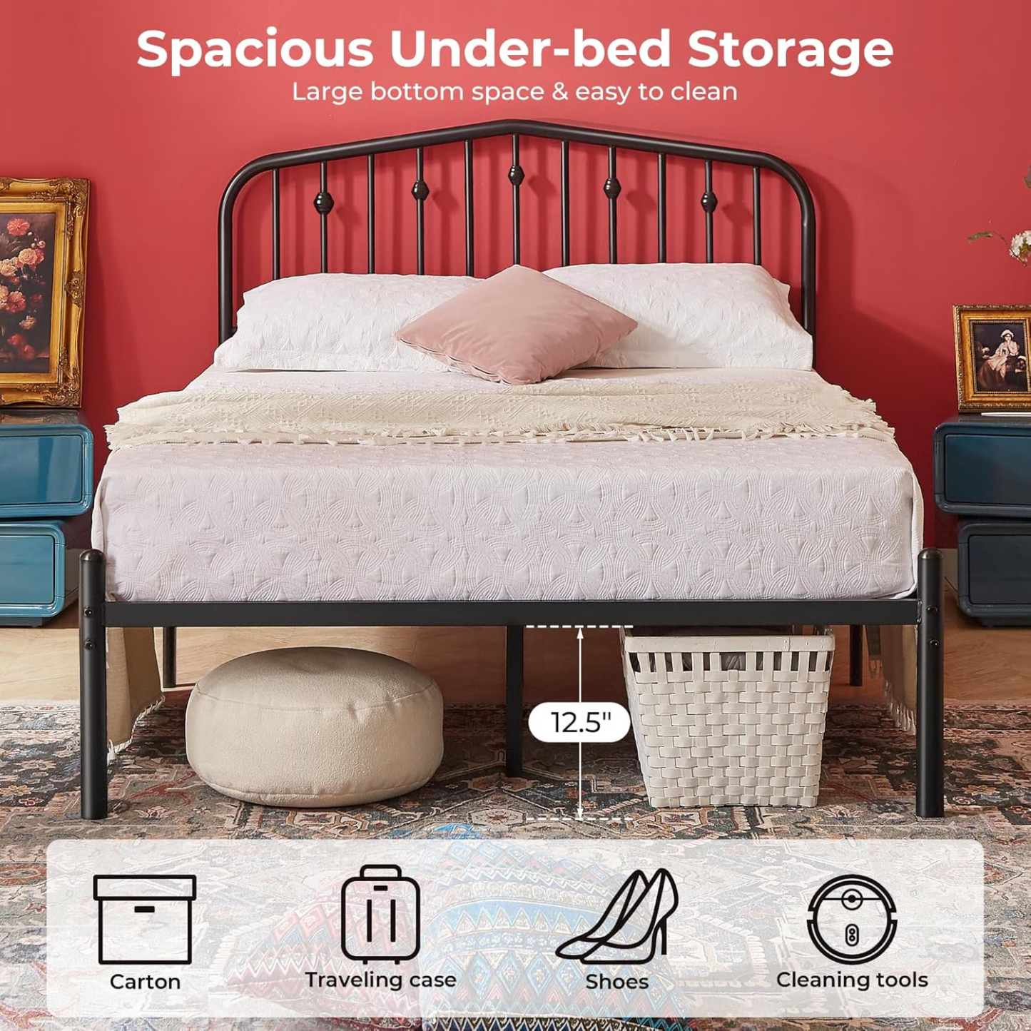 Queen Bed Frames Metal Platform Bed with Victorian Style Wrought Iron Headboard, Easy Assembly Black Bed with 1000lbs Capacity, No Box Spring Needed, Noise Free