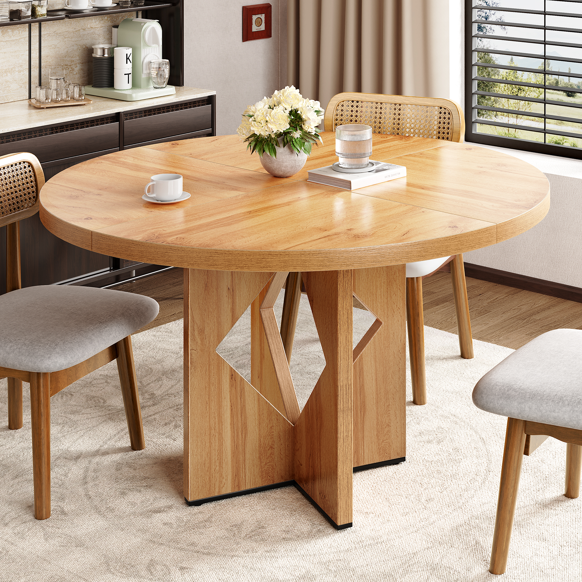 Sailvan Round Dining Table for 4, 47 Inches Farmhouse Dinner Table with Wooden Pedestal Base, Modern Kitchen and Dining Room Circle Table, Space Saving Dining Table