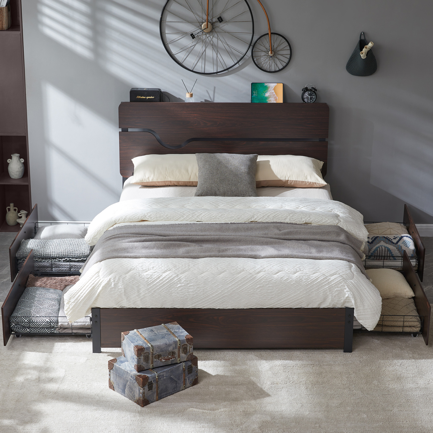  Full Size Bed Frame with Headboard, Platform Bed Frame with Charging Station, No Box Spring Needed, Easy Assembly, Heavy Duty Metal Slats, Walnut Color