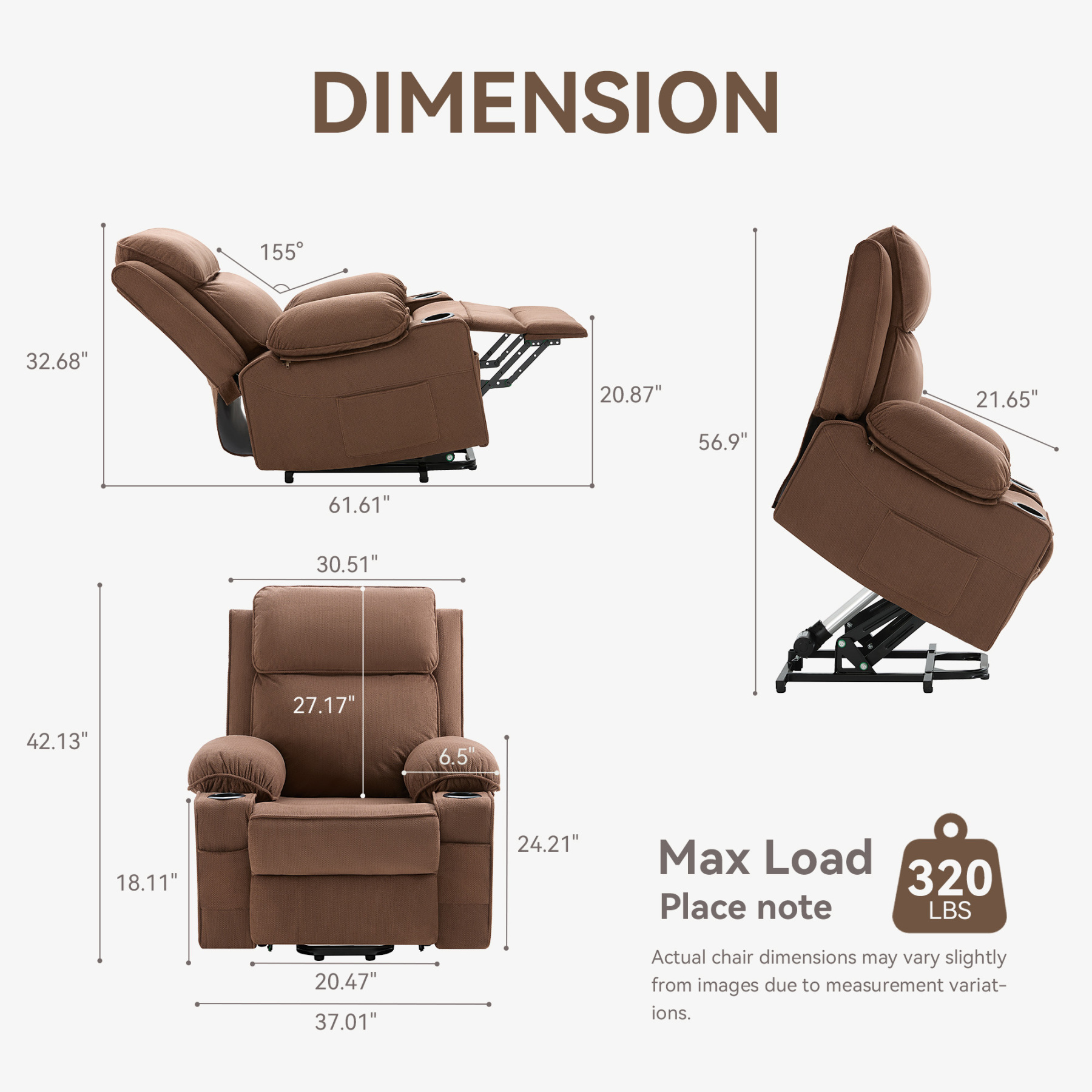 Sailvan Lift Chair, Power Lift Recliner for Elderly &Post-Surgery Recovery, Electric Lift Reclining Chair with Cup Holder, 90°- 155°Adjustable Backrest Fabric Recliner, for Living Room