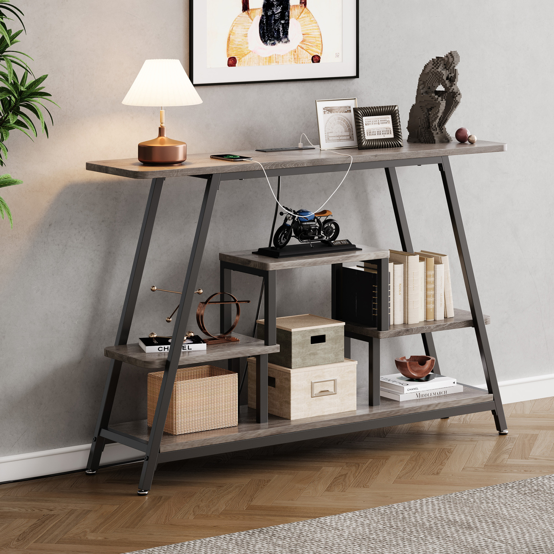 47.3" Console Table for Entry Way, Buffet Table Entryway Table with 4-Tier Open Shelves & Charging Station, Narrow Long Sofa Couch Table for Hallway, Living Room & Kitchen
