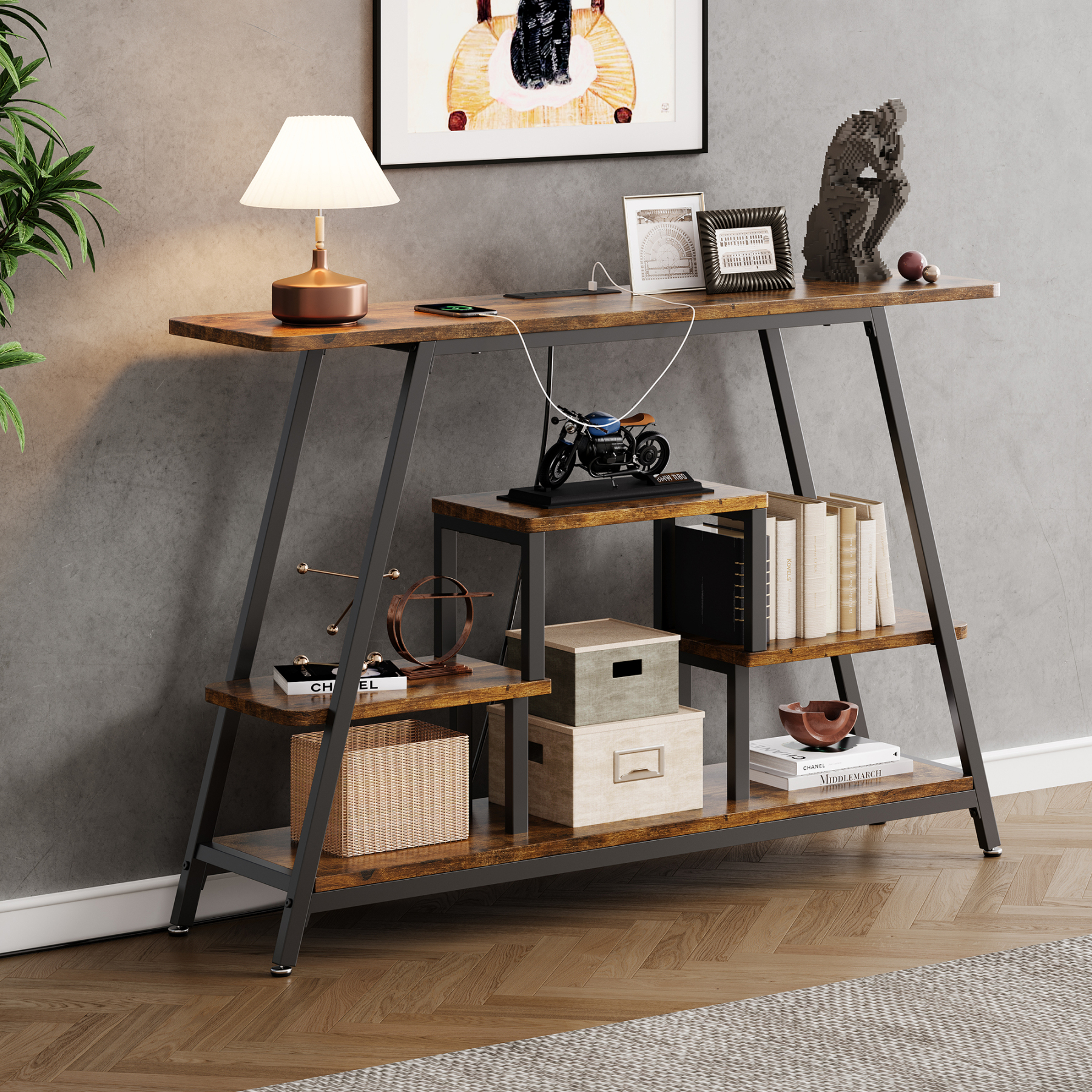 47.3" Console Table for Entry Way, Buffet Table Entryway Table with 4-Tier Open Shelves & Charging Station, Narrow Long Sofa Couch Table for Hallway, Living Room & Kitchen