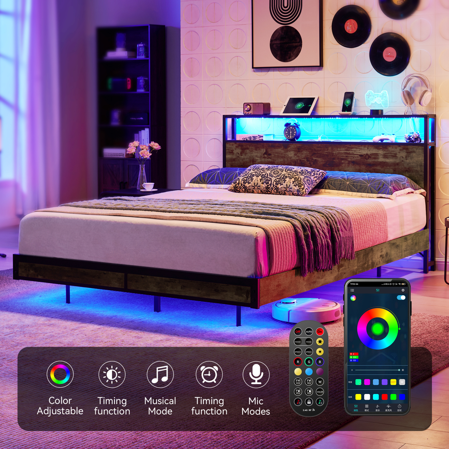 Susalt Bed Frame with 2-Tier Storage Headboard, Metal Industrial Style Platform Full Size Bed Frame with Charging Station & LED Lights