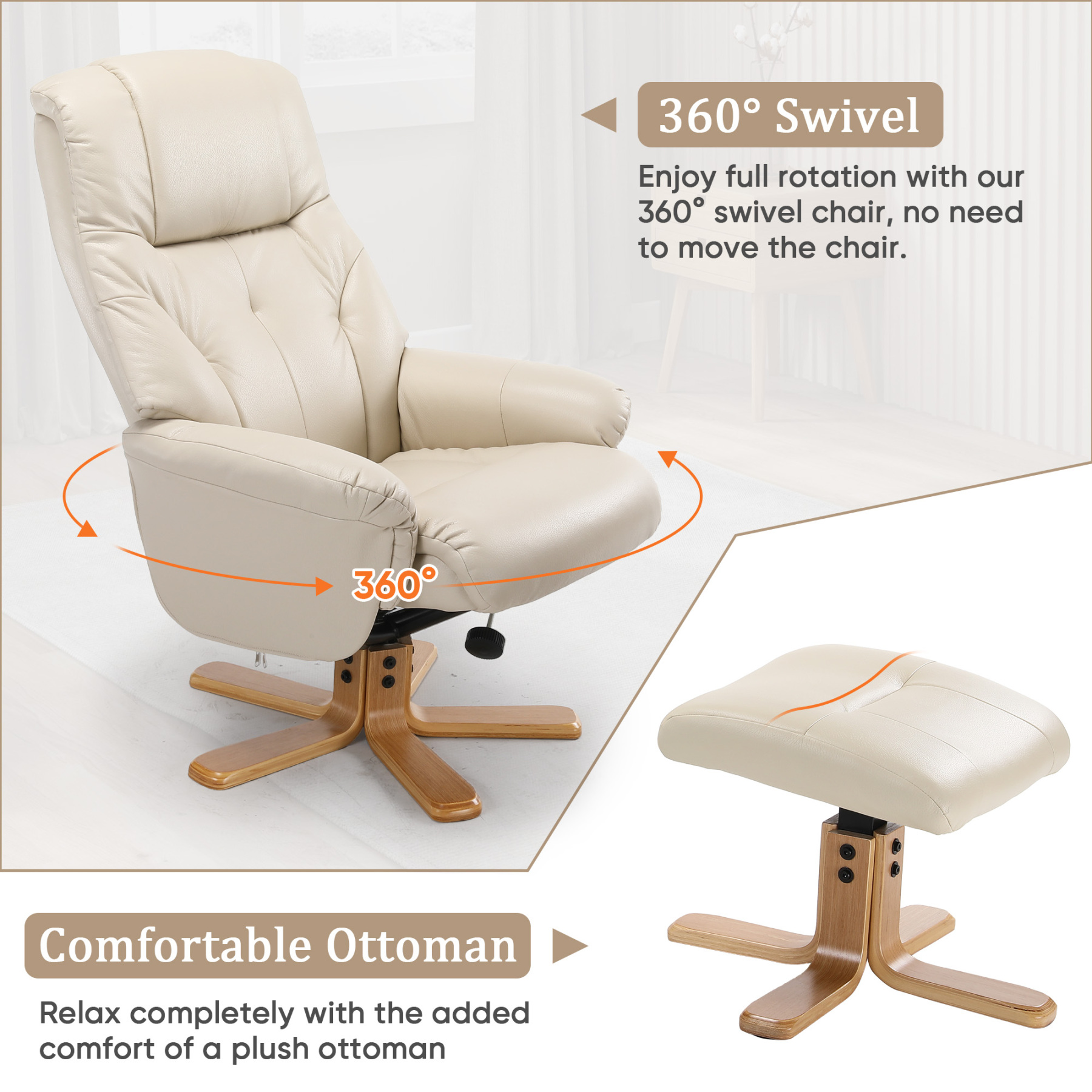 Susalt Swivel Recliner Chair with Ottoman, Stylish Faux Leather Reclining Chair for Adults, 360° Swivel, Modern Accent Arm Chairs for Living Room Bedroom and Small Space, Study, RV