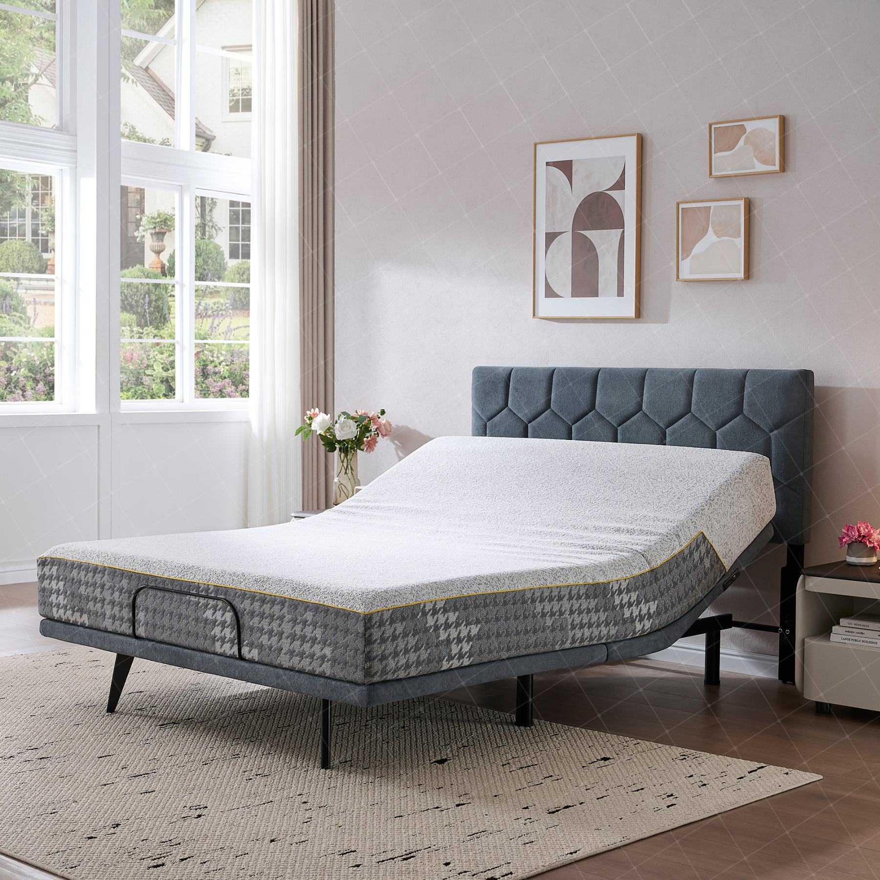 Sailvan Queen Adjustable Bed Frame with Upholstered Headboard, Ergonomic Smart bed frame with Wireless Remote Control & Dual USB Ports, Zero Gravity Independent Head and Foot Incline, Memory Position