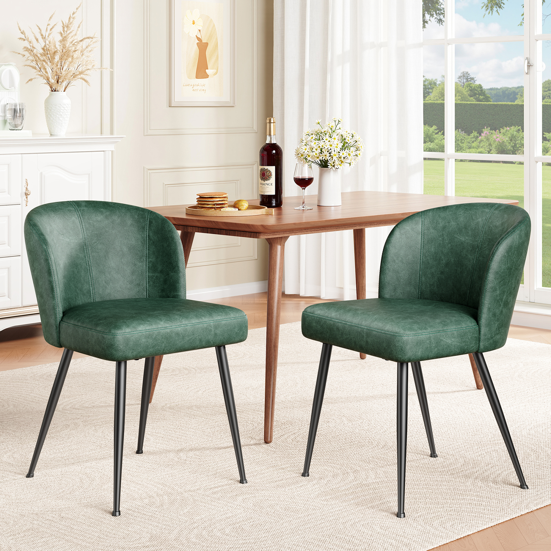 Sailvan Dining Chairs Set of 2, Upholstered Kitchen Chairs with Faux Leather Cushion Seat and Metal Legs, Mid Century Modern Dining Room Chair for Kitchen, Living Room, Easy Assembly, Green