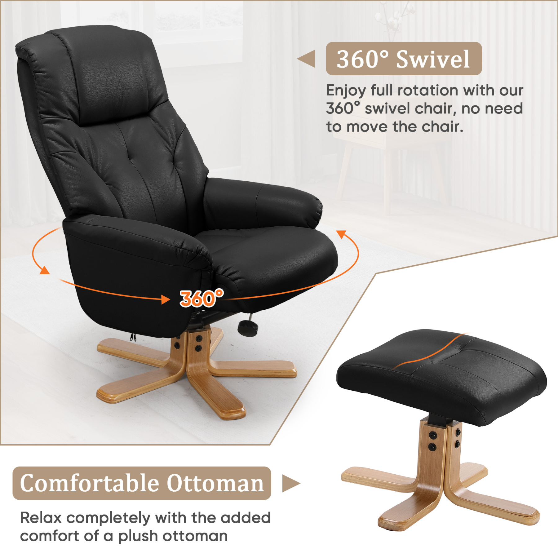 Susalt Swivel Recliner Chair with Ottoman, Stylish Faux Leather Reclining Chair for Adults, 360° Swivel, Modern Accent Arm Chairs for Living Room Bedroom and Small Space, Study, RV