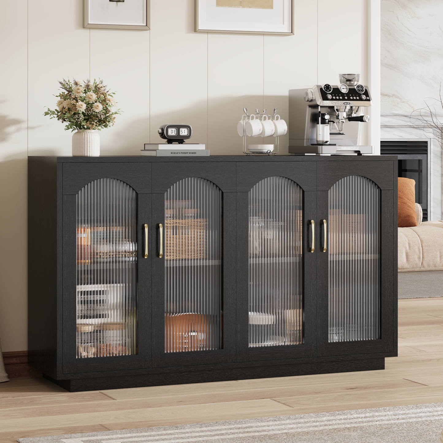 Sailvan Sideboard Buffet Cabinet with Storage, 55.1" Table with 4 Fluted Glass Doors, Built-in Removable Shelf, Kitchen Coffee Bar Table for Dining Room, Living Room,