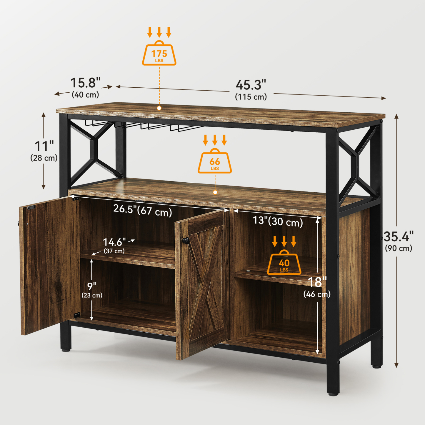 Sailvan 45.3" Buffet Cabinet with Storage, wooden Farmhouse Sideboard Cabinet with 2 Doors & Adjustable Shelf, Accent Cabinet with Wine Glass Rack for Kitchen, Bar, Dining Room, Gray