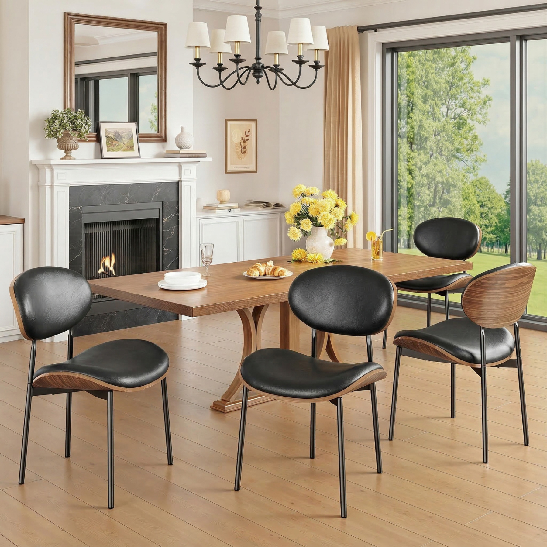 Sailvan Dining Chairs Set, Mid-Century Style Living Room Chairs, Modern Chairs for Dining Room & Kitchen, Leather Upholstered Chairs With Adjustable Feetpads, Easy Assembly, Black