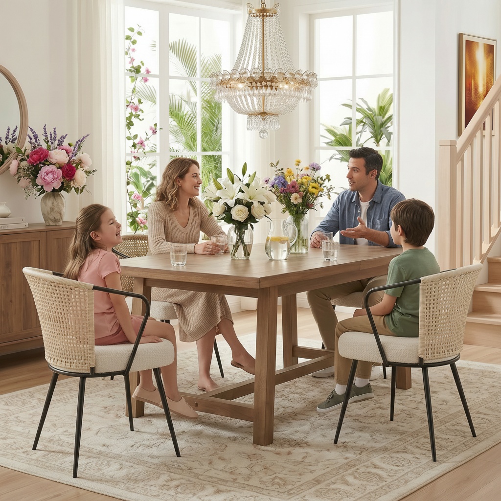 Sailvan Set of 2/4/6 Dining Chairs, Upholstered Rattan Kitchen & Dining Room Chairs with Rattan Backrest & Boucle Cushion, Farmhouse Dining Room Chair with Metal Leg