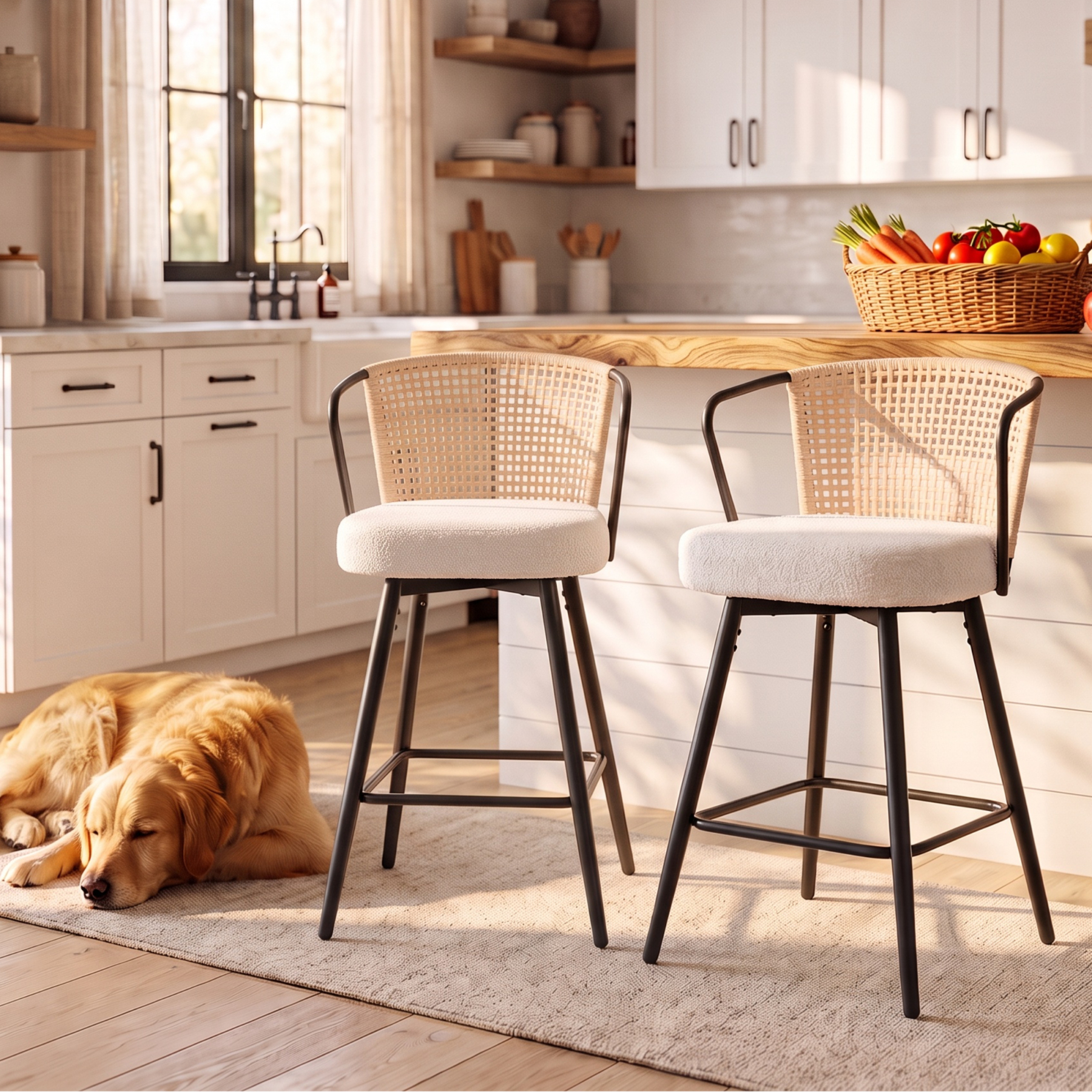 Sailvan Swivel Bar Stool Set, 35.8" Rattan Counter Height Bar Chairs with Back & Footrest, Modern Upholstered Counter Stools for Kitchen Island, Easy Assembly, Beige