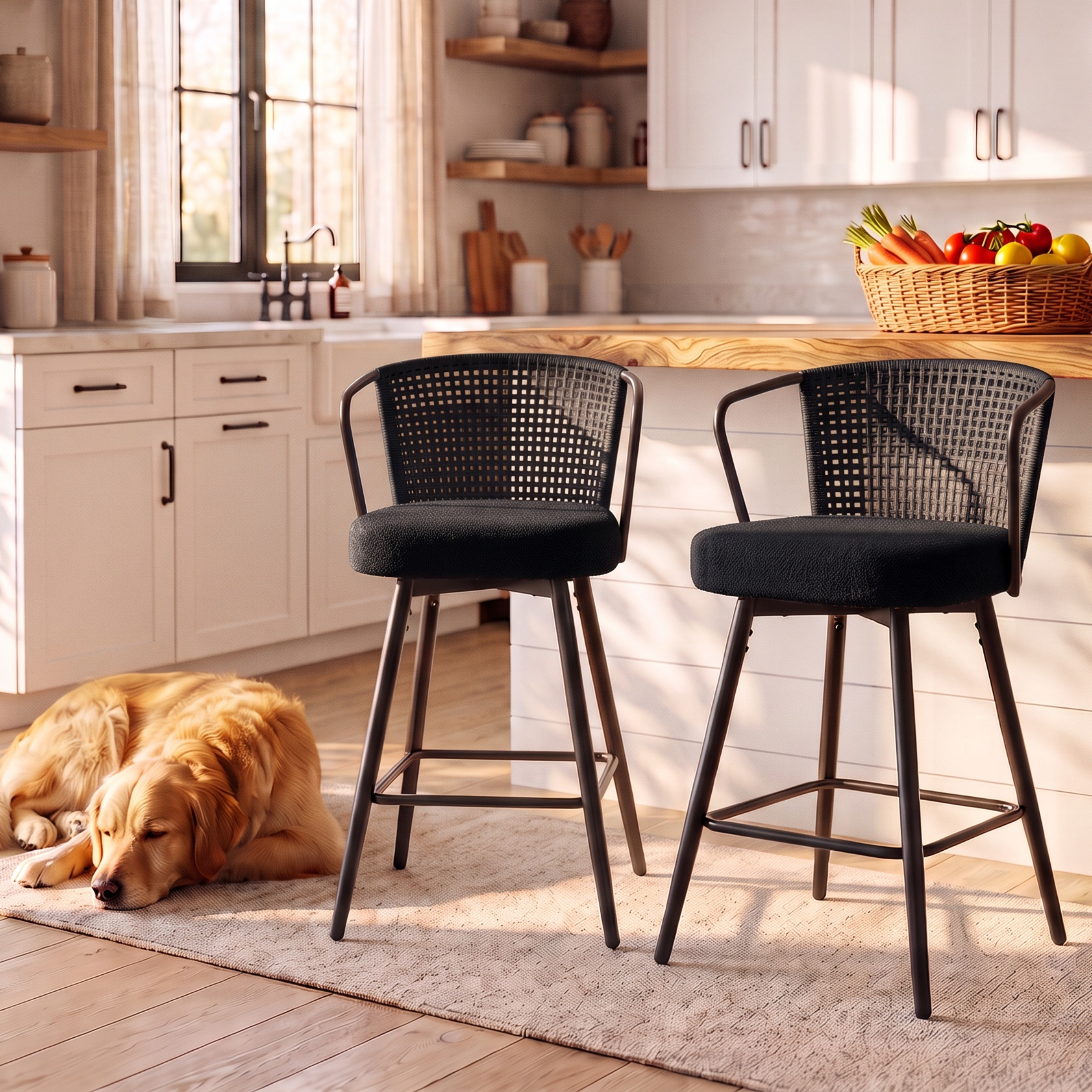 Sailvan Swivel Bar Stool Set, 35.8" Rattan Counter Height Bar Chairs with Back & Footrest, Modern Upholstered Counter Stools for Kitchen Island, Easy Assembly, Black
