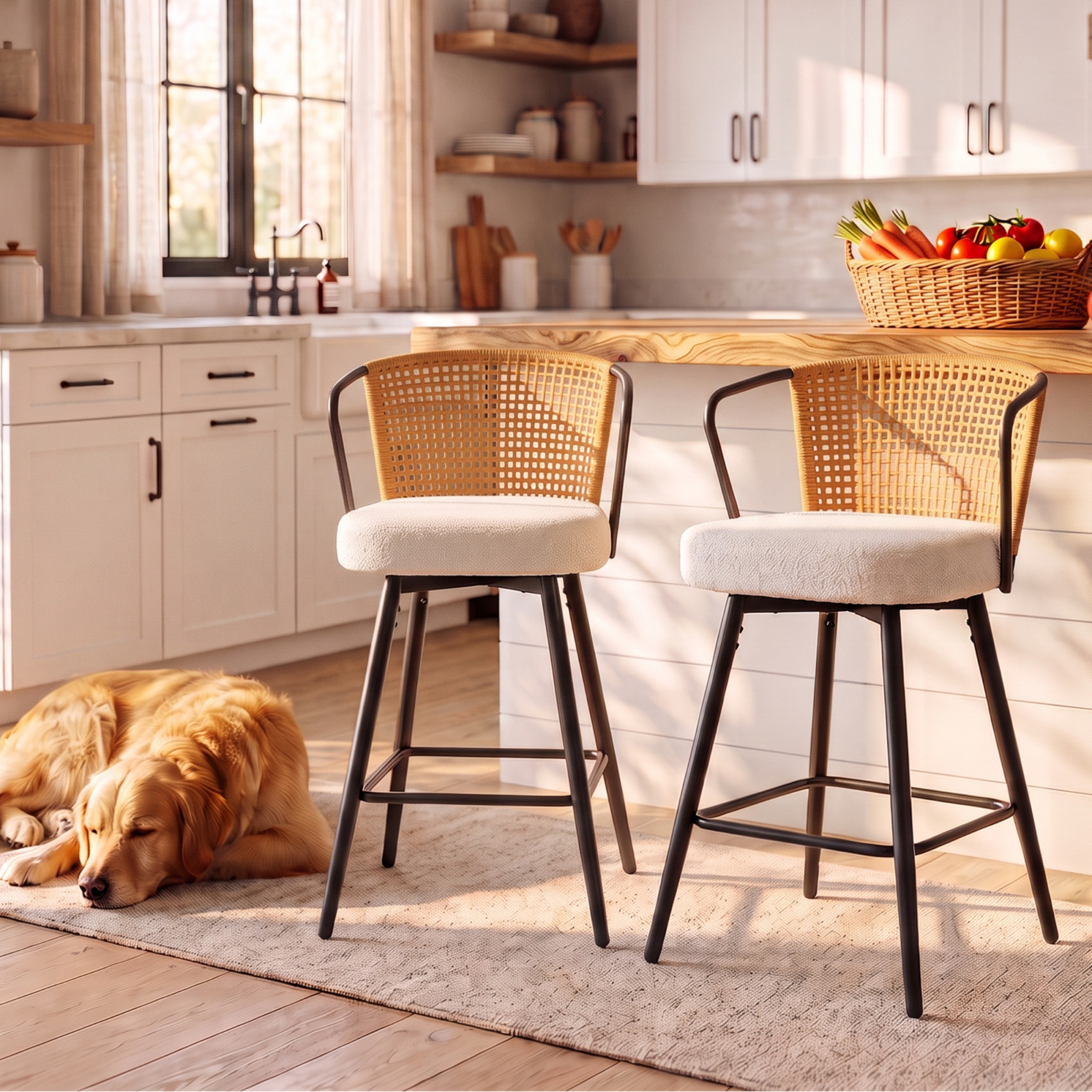 Sailvan Swivel Bar Stool Set, 35.8" Rattan Counter Height Bar Chairs with Back & Footrest, Modern Upholstered Counter Stools for Kitchen Island, Easy Assembly, Brown