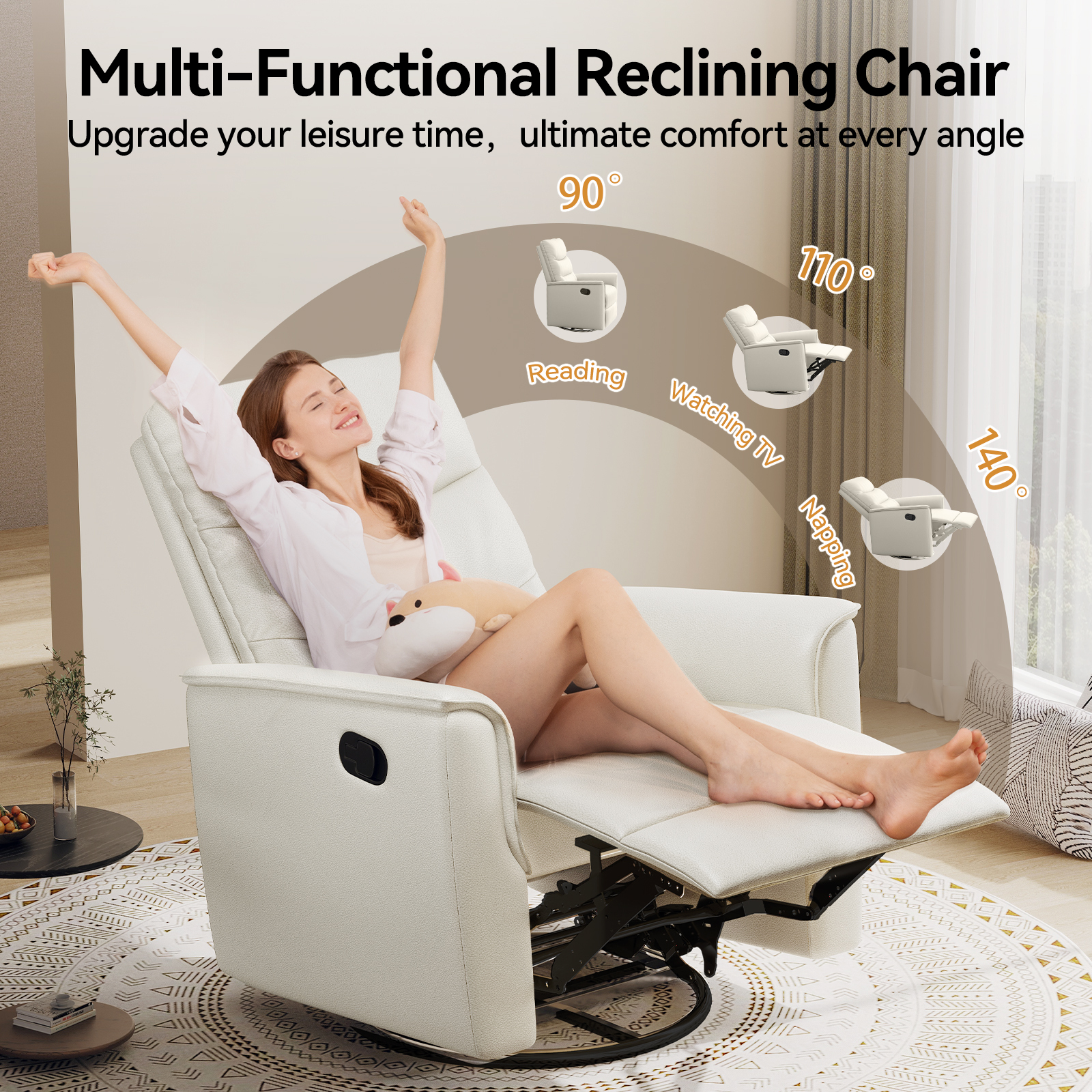 Susalt Recliner Chair for Adults, Rocker Reclining Chair for Nursery, Leather Swivel Sofa with Adjustable Backrest and Footrest, for Small Spaces, Living Room, RV（Light Gray）