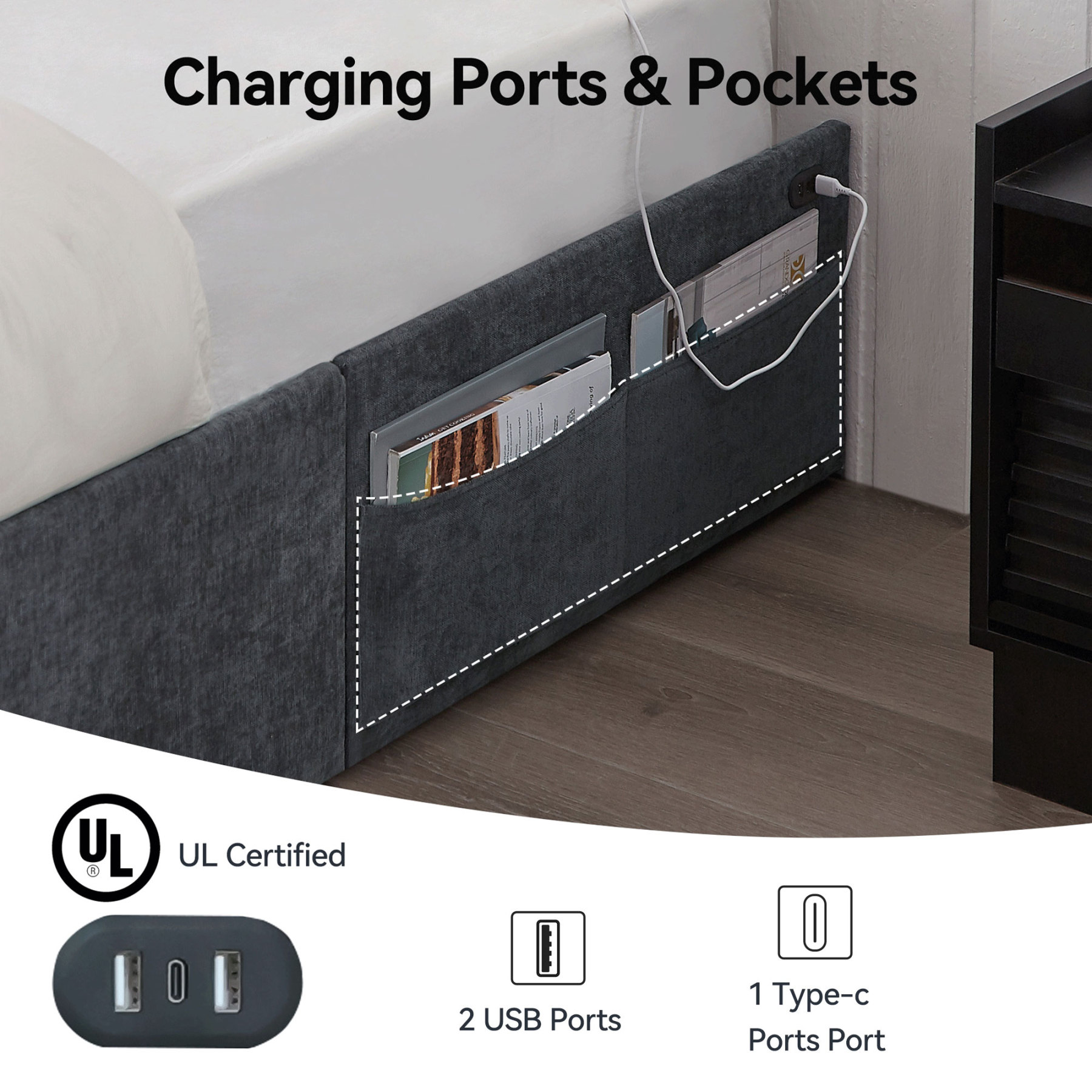 Queen Bed Frame with 4 Storage Drawers & Charging Station, Heavy Duty Wood Beds for Dorms Apartment, Easy Assembly Gray Bed with 1000lbs Capacity, No Box Spring Needed, Noise Free