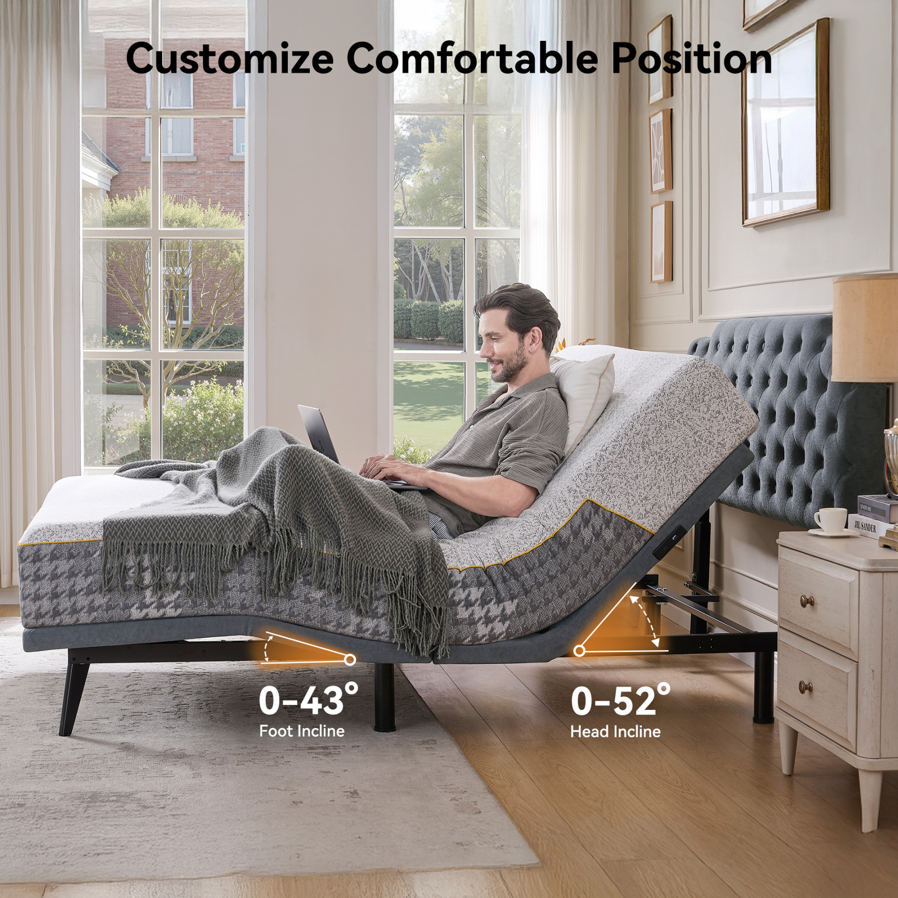 Adjustable Bed Frame, Electric Bed Frame Queen Size with with Upgraded Motor, Remote Control, 2 USB Ports, Independent Head & Foot Incline, 800lbs Capacity