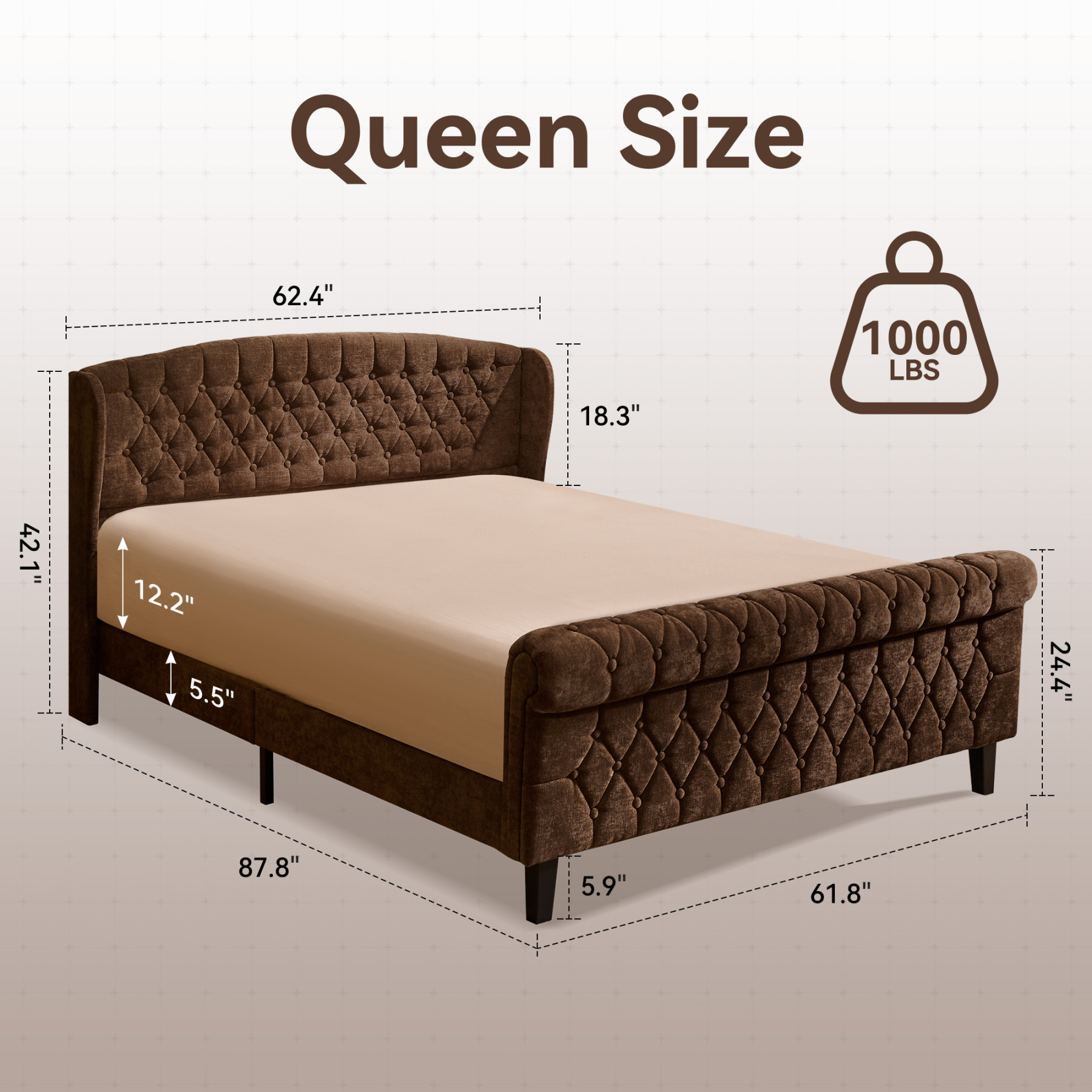 Susalt Queen Size Platform Bed Frame, Chenille Upholstered Sleigh Bed Frame with Scroll Footboard, Button Tufted/Wood Slats Support/No Box Spring Needed