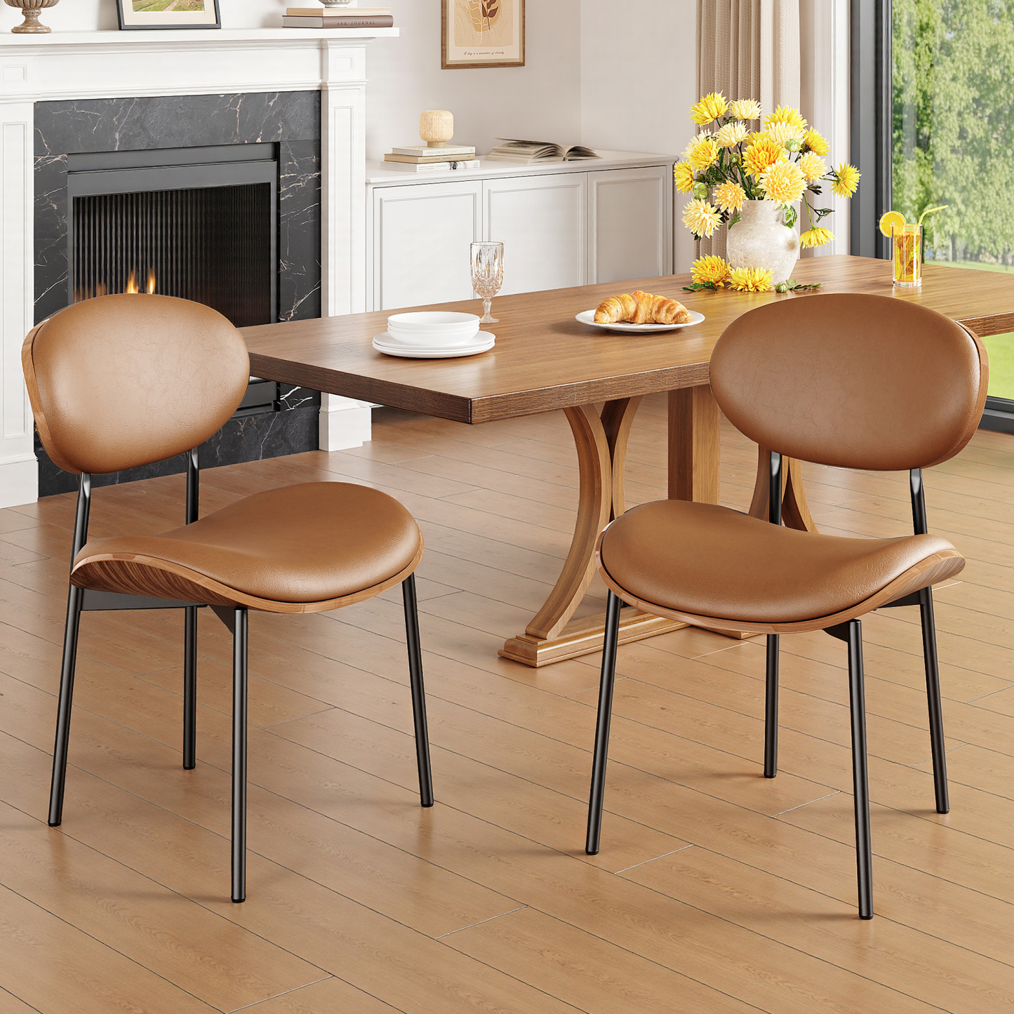 Dining Chairs Set of 2, Mid Century Modern Kitchen Chairs with Faux Leather for Kitchen, Living Room