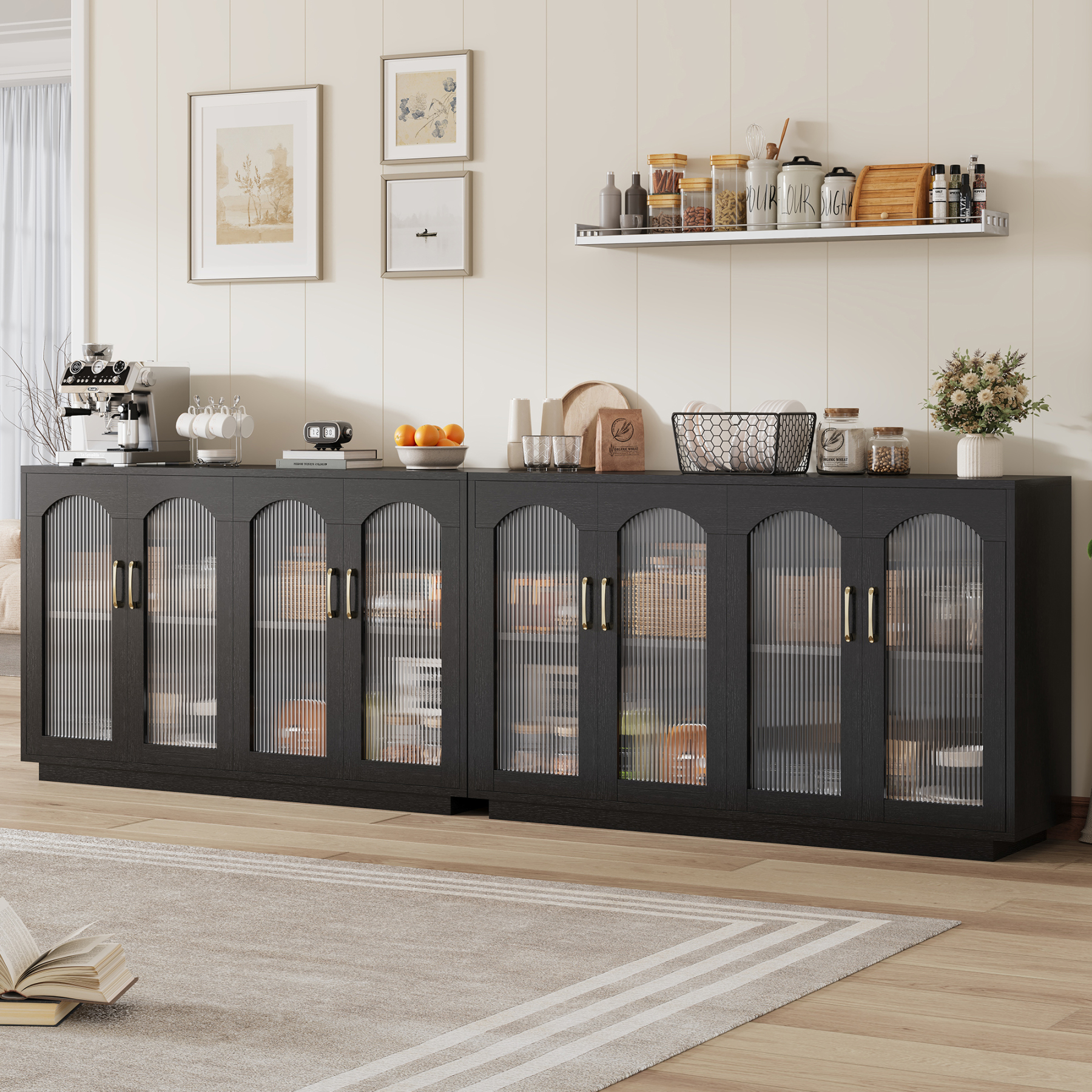 Sailvan Sideboard Buffet Cabinet with Storage, 55.1" Table with 4 Fluted Glass Doors, Built-in Removable Shelf, Kitchen Coffee Bar Table for Dining Room, Living Room,