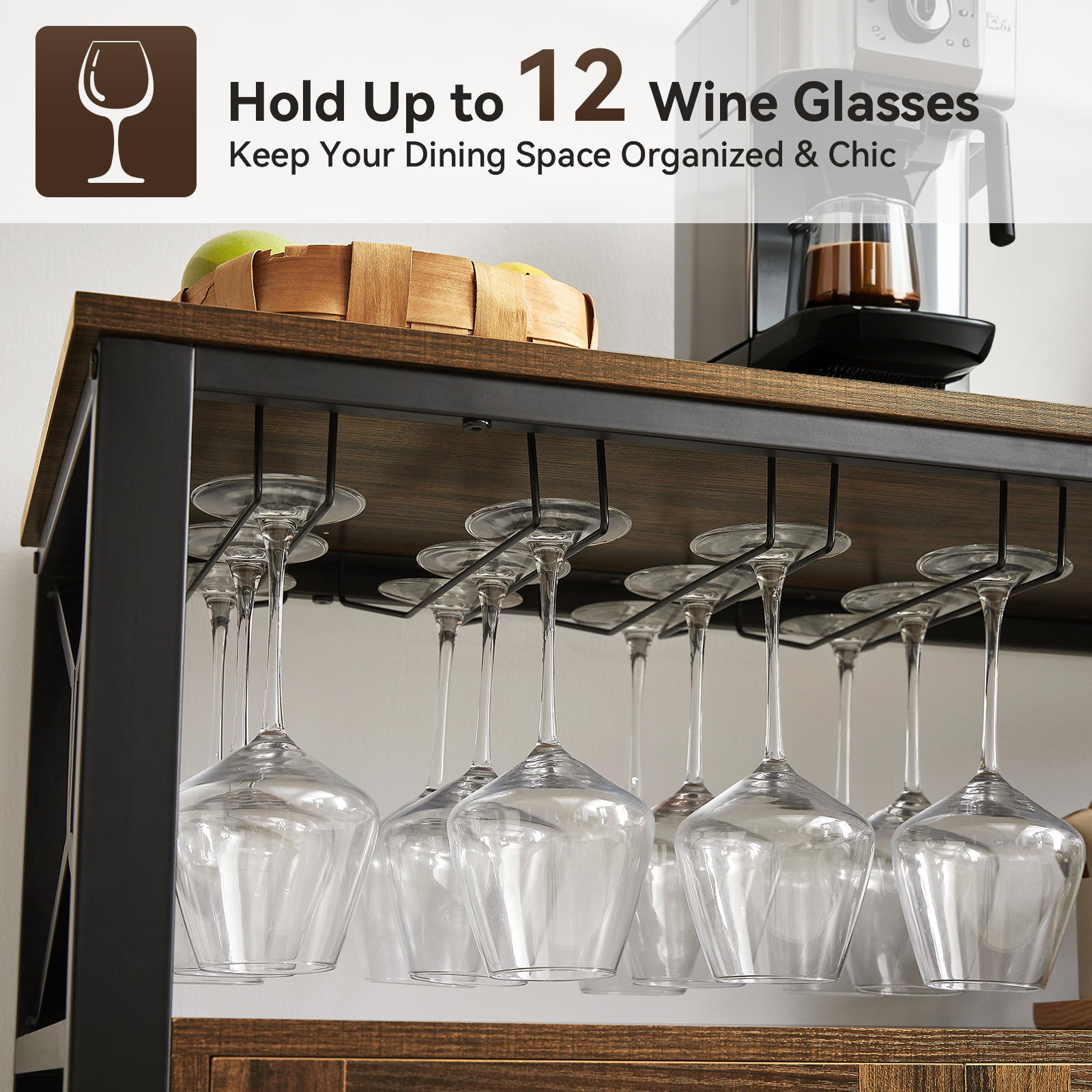 Sailvan 45.3" Buffet Cabinet with Storage, wooden Farmhouse Sideboard Cabinet with 2 Doors & Adjustable Shelf, Accent Cabinet with Wine Glass Rack for Kitchen, Bar, Dining Room, Gray