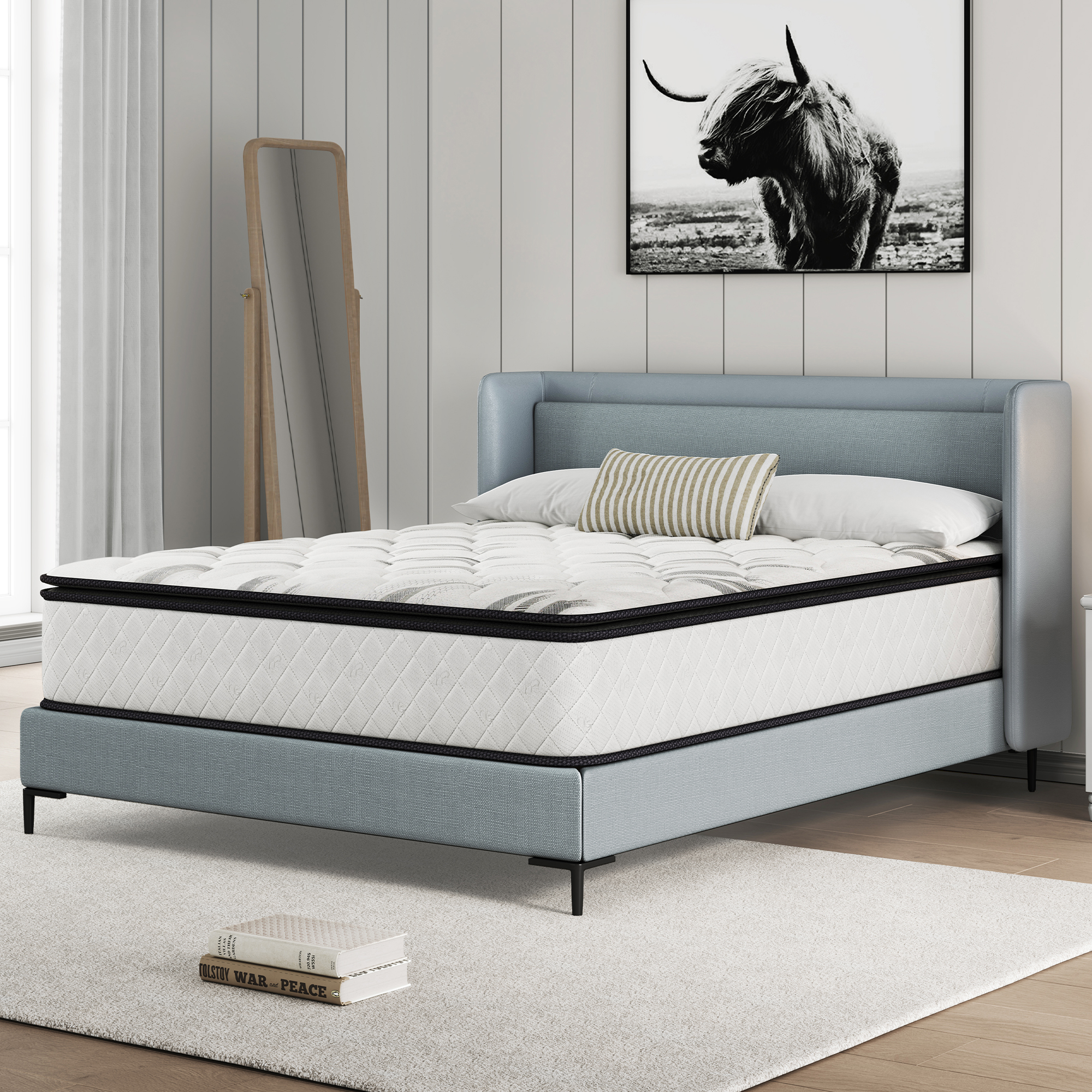 Sailvan Queen Mattress 14 inch, Queen Size Mattress in a Box, Hybrid Mattress Queen, Queen Bed Mattress With Memory Foam & Pocket Spring, Medium Firmness, CertiPUR-US, White& Black