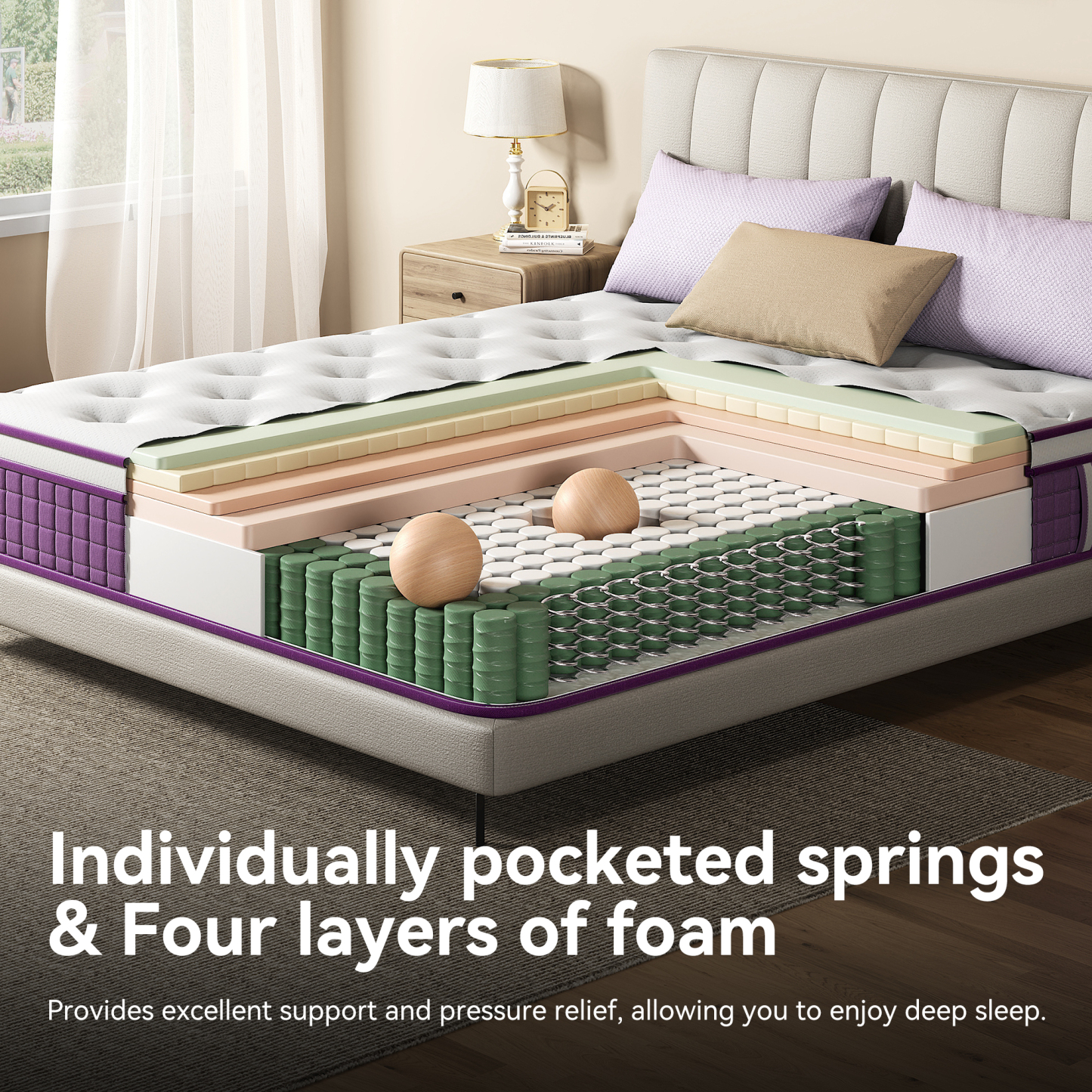 Sailvan Queen Mattress, 12 inch Queen Size Mattress in a Box, Purple Bed Mattress With Memory Foam & Pocket Spring, Medium Firmness, Edge Support, Pressure Relief