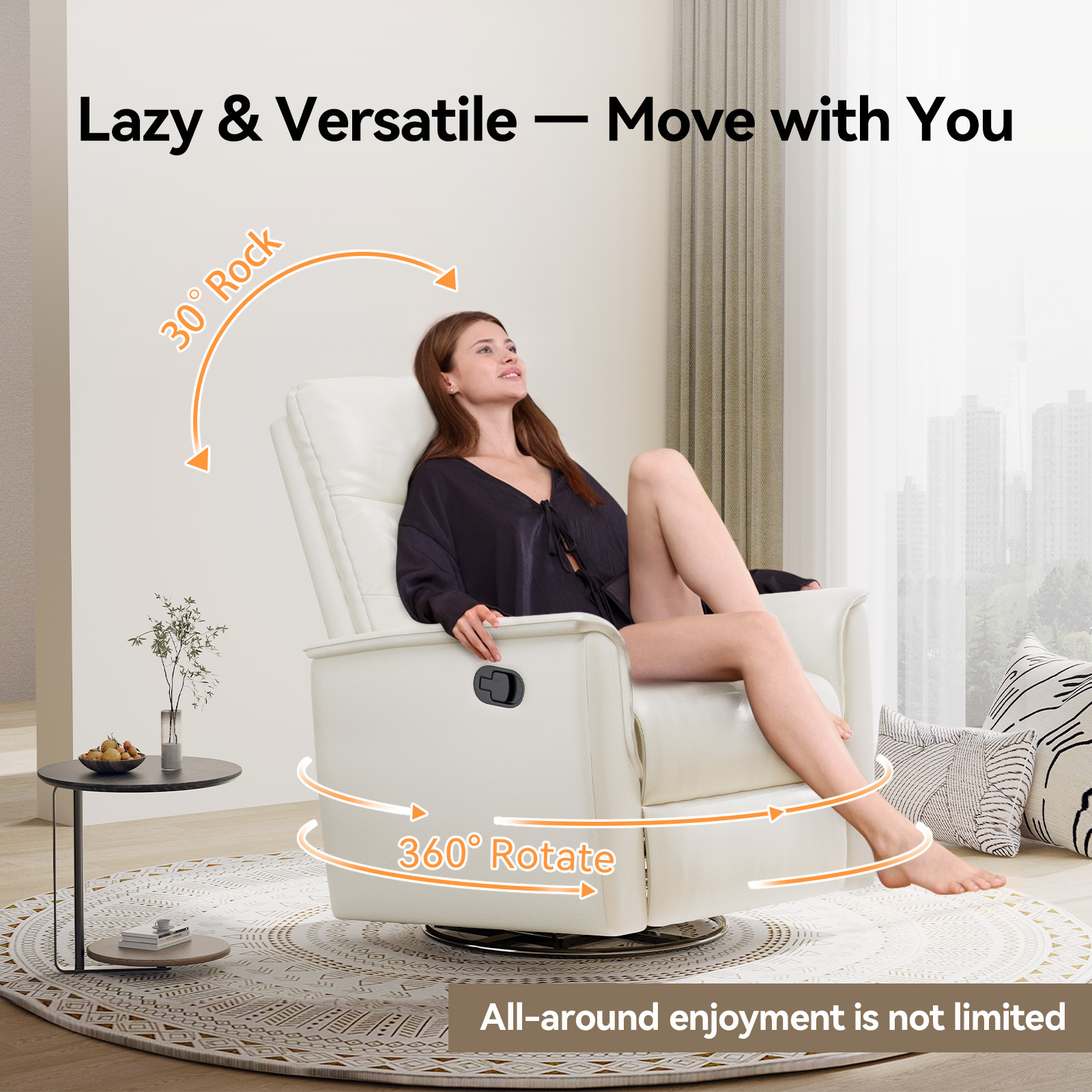 Susalt Recliner Chair for Adults, Rocker Reclining Chair for Nursery, Leather Swivel Sofa with Adjustable Backrest and Footrest, for Small Spaces, Living Room, RV（Light Gray）