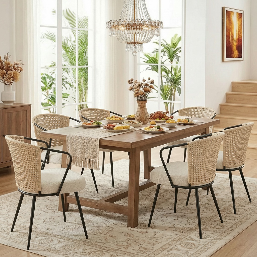Sailvan Set of 2/4/6 Dining Chairs, Upholstered Rattan Kitchen & Dining Room Chairs with Rattan Backrest & Boucle Cushion, Farmhouse Dining Room Chair with Metal Leg